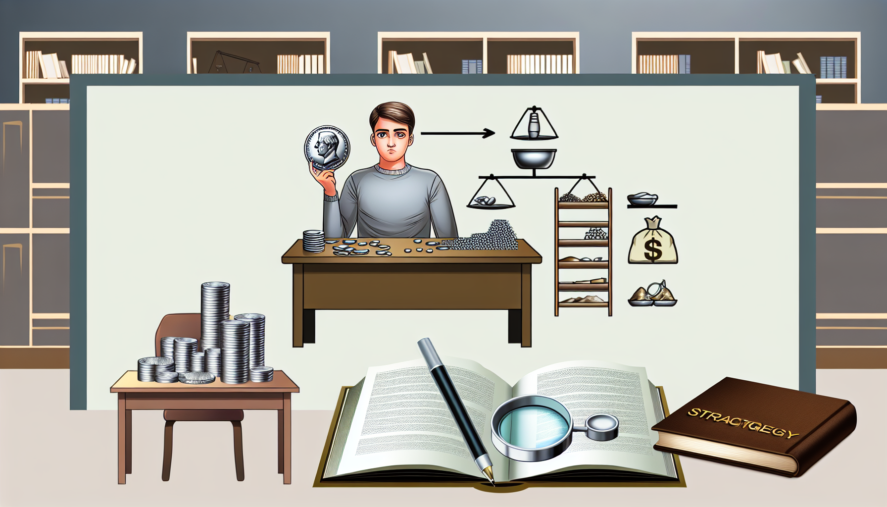 Eine Illustration einer Person mit neutralem Gesichtsausdruck, die gerade strategisch Silber erwirbt. Die Darstellung könnte diese Person beim Begutachten verschiedener Silbergegenstände wie Münzen, Barren und Schmuck zeigen, ein offenes Strategiebuch auf dem Tisch, sowie verschiedene Werkzeuge wie eine Lupe, eine Waage und möglicherweise einen Notizblock zum Festhalten von Beobachtungen. Im Hintergrund ein gut beleuchtetes Arbeitszimmer mit einem bequemen Sessel, einem stabilen Schreibtisch und Bücherregalen voller Finanz- und Investmentbücher, die eine intellektuelle Atmosphäre schaffen.