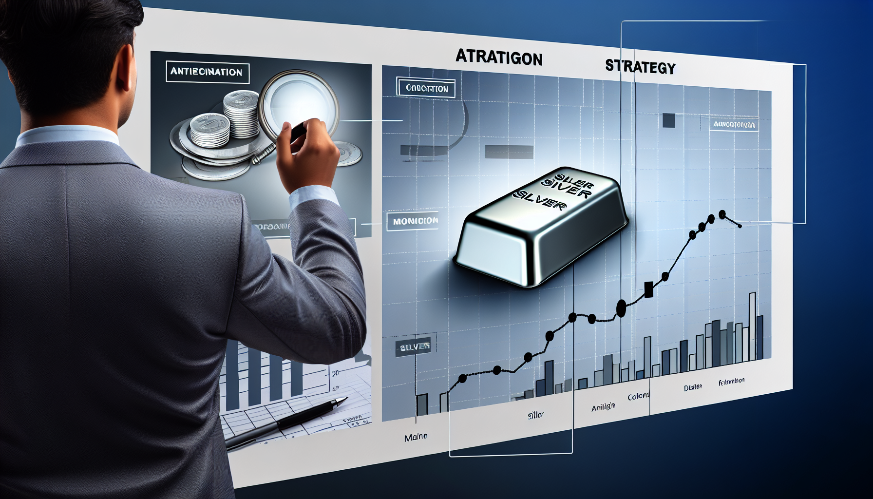 Konzeptbild, das den strategischen Erwerb von Silber illustriert: ein deutlich sichtbarer physischer Silberbarren, ein Kompass zur Richtungsangabe, eine Checkliste f&Atilde;&frac14;r die Strategie und Liniendiagramme auf einem Whiteboard/Tafel, die die Beobachtung der Silberpreise zeigen. Dazu ein s&Atilde;&frac14;dasiatischst&Atilde;&curren;mmiger Mann im Anzug, der die Daten analysiert und Entscheidungen trifft. Elemente von Erwartung und Planung: eine Lupe, die den Silberbarren inspiziert, Anmerkungen/Annotationen an den Grafen und eine Gl&Atilde;&frac14;hbirne als Symbol f&Atilde;&frac14;r die Entstehung neuer Ideen.