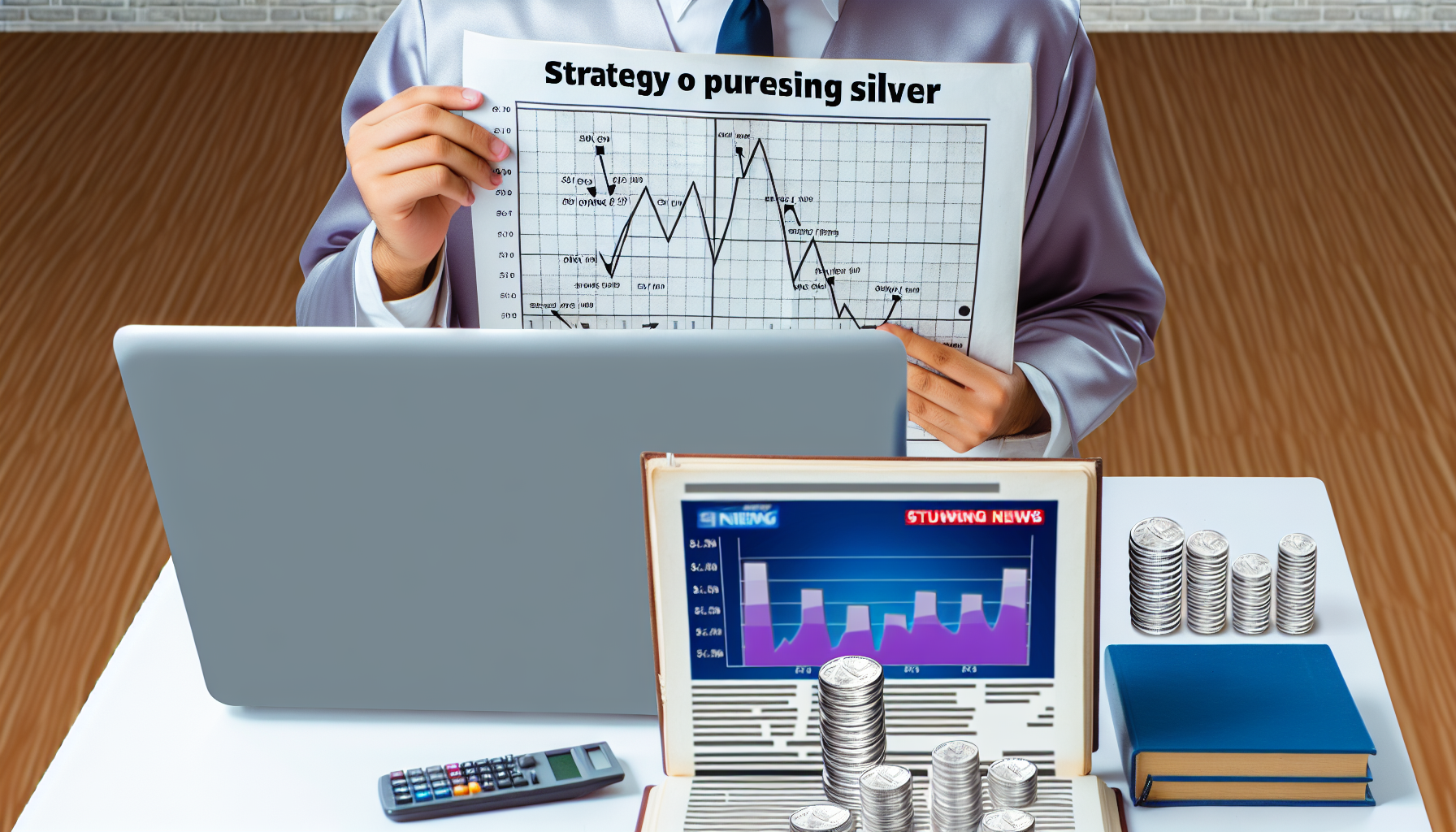 Die Strategie des Silberkaufs dargestellt. Zeige einen Mann aus dem Nahen Osten, der ein Finanzdiagramm studiert, das die Schwankungen der Silberpreise anzeigt. Auf dem Tisch sollten einige Silberm&Atilde;&frac14;nzen liegen. Platziere einen Laptop, auf dem Nachrichten zum Silbermarkt zu sehen sind. Lege Finanzb&Atilde;&frac14;cher und einen Taschenrechner in die N&Atilde;&curren;he, um den strategischen Anlageansatz der Person zu verdeutlichen.