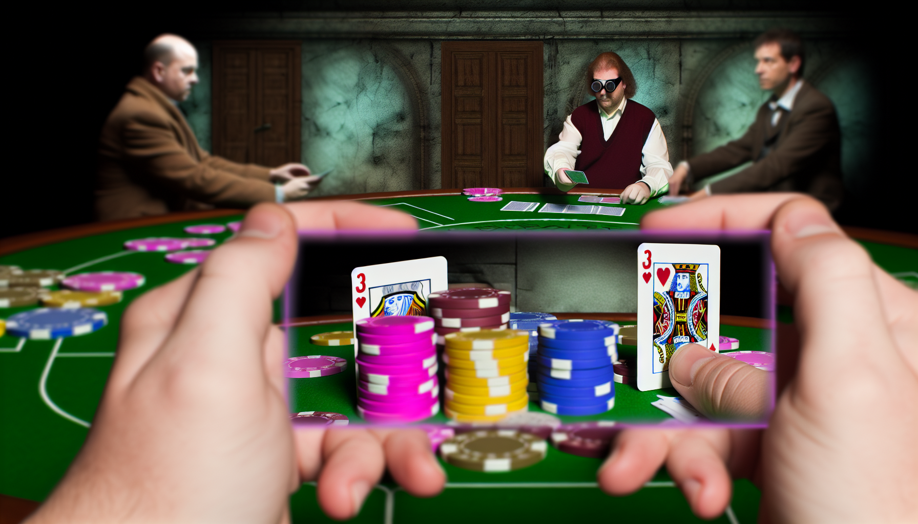 Stell dir eine Szene vor, in der eine Person in einem Casino in ein strategisches Kartenspiel vertieft ist, mit einem Stapel Chips auf dem Tisch, der seine Gewinne symbolisiert.