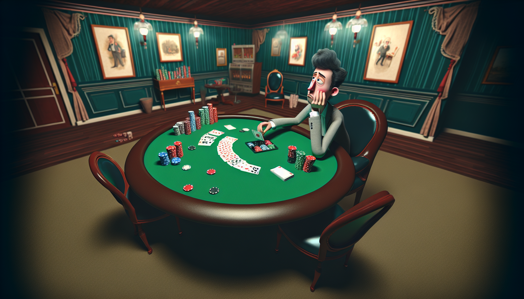 Illustration eines Konzepts, in dem eine Person strategisch ein GlÃ¼cksspiel spielt, in der Hoffnung, Geld zu gewinnen. Sie sitzt an einem gerÃ¤umigen Pokertisch mit grÃ¼nem Filz, umgeben von Stapeln Pokerchips, einem gemischten Kartenstapel und mehreren leeren GlÃ¤sern. Sie hat einen nachdenklichen Gesichtsausdruck, wÃ¤hrend sie die Karten in ihrer Hand studiert; KalkÃ¼l liegt in ihren Augen. Der Raum ist schwach beleuchtet, mit Ã¤sthetischen WandgemÃ¤lden und MÃ¶beln im viktorianischen Stil, wodurch der Betrachter in eine casinoÃ¤hnliche AtmosphÃ¤re eintaucht. Ein symbolischer Kontrast zwischen GlÃ¼ck und Strategie kann in der Bildsprache betont werden.