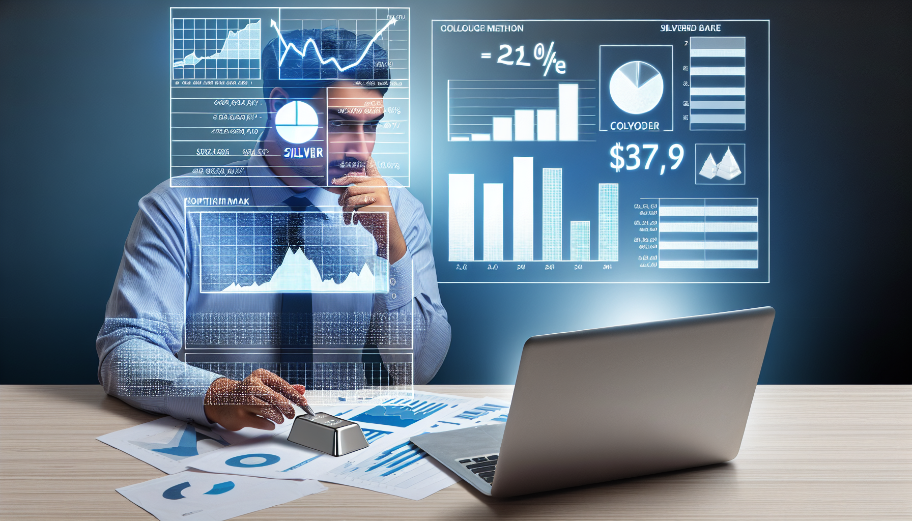 Eine visuelle Darstellung einer Person, die eine strategische Methode anwendet, um Silber zu kaufen. Die Szene zeigt eine Vielzahl von Diagrammen, Grafiken und anderen Finanzinstrumenten, die auf einem Tisch ausgebreitet sind, w&Atilde;&curren;hrend ein Laptop die aktuellen Marktkurse anzeigt. Auf dem Tisch liegt ein Silberbarren, der den Silberkauf symbolisiert. Die Person, ein hispanischer Mann in seinen 40ern, studiert die Informationen konzentriert und mit nachdenklichem Gesichtsausdruck.