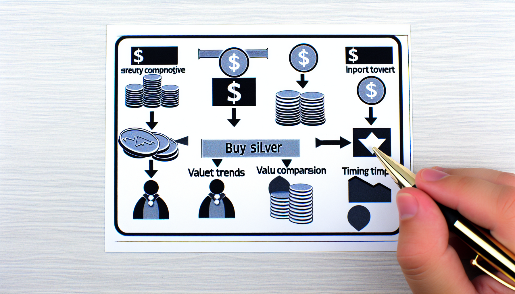 Eine illustrierte Strategie f&Atilde;&frac14;r den Silberkauf. Das Bild sollte klar einen Schritt-f&Atilde;&frac14;r-Schritt-Leitfaden zeigen, wie man Silber effizient und klug kauft. Wichtige Faktoren wie Markttrends, Wertvergleiche und das richtige Timing sollten im Bild visuell dargestellt werden.