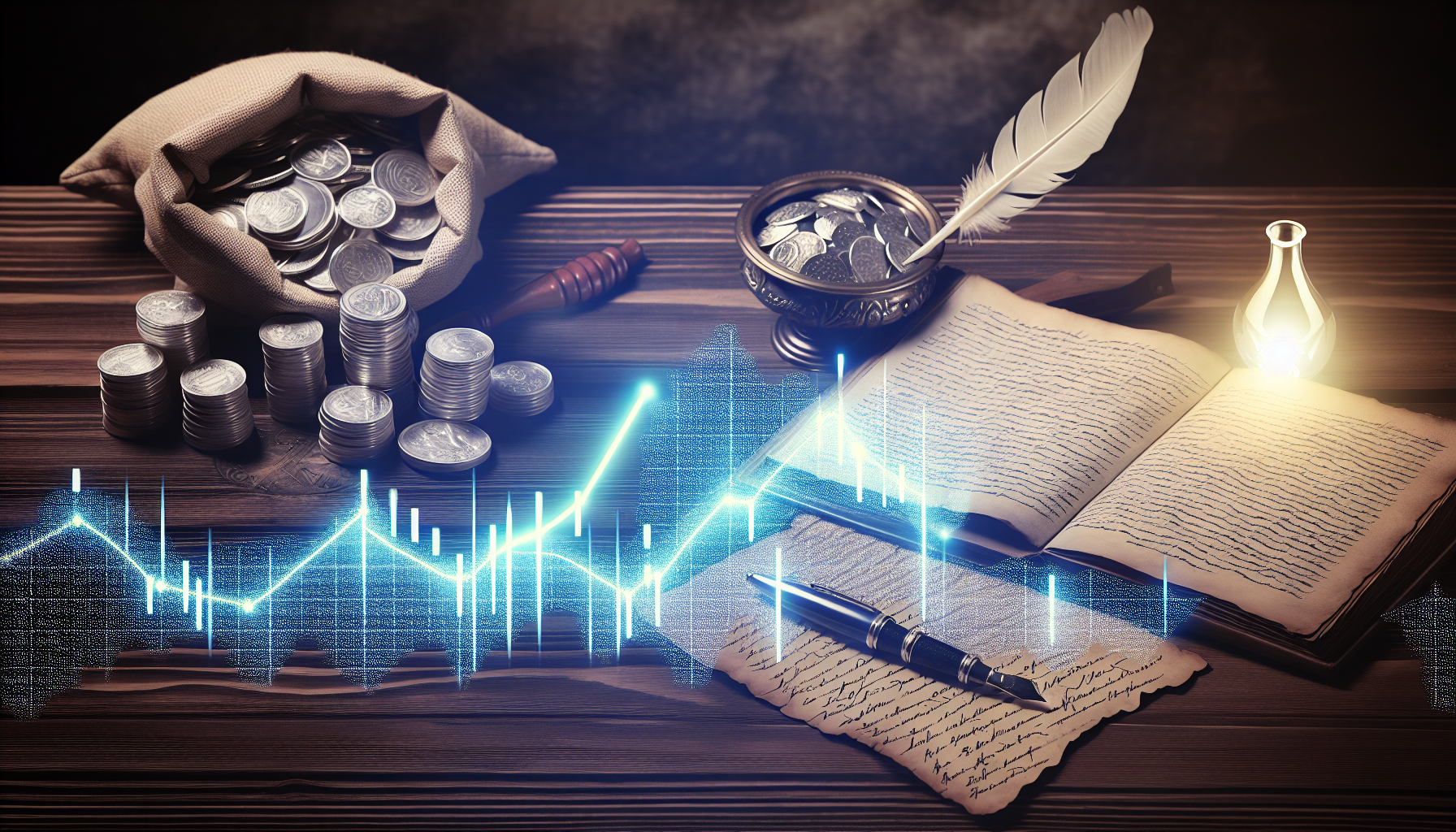 Erstelle ein Bild, das das Konzept des strategischen Silberkaufs darstellt: Ein kunstvoll detailliertes Diagramm mit Preistrends und Datenlinien, die in Silberfarbe leuchten, liegt auf einem gro&Atilde;Ÿen Holztisch. Auf dem Tisch befinden sich au&Atilde;Ÿerdem ein Federkiel und ein offenes altes Hauptbuch mit handschriftlichen Eintr&Atilde;&curren;gen, das Strategie symbolisiert. Daneben steht ein S&Atilde;&curren;ckchen, das vor Silberm&Atilde;&frac14;nzen &Atilde;&frac14;berquillt, sowie eine Lupe f&Atilde;&frac14;r genaue Beobachtung. Beleuchte die Szene mit einem sanften, fokussierten Licht von einer altmodischen &Atilde;–llampe.