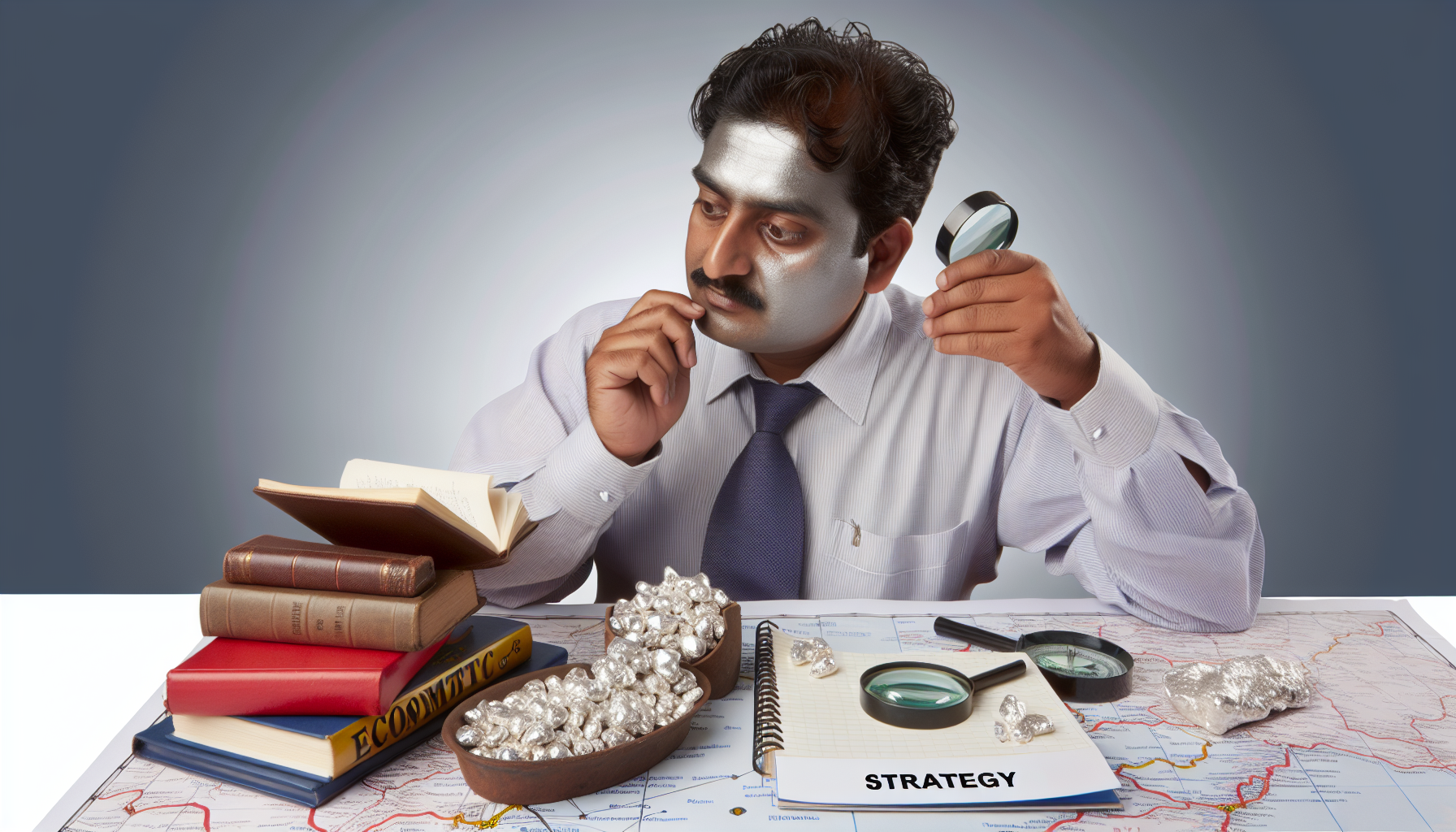 Eine durchdachte Darstellung einer Person, die Silber nach einer wohlüberlegten Strategie kauft. Die Person, möglicherweise südasiatischer Herkunft, studiert eine Karte, auf der verschiedene Silberminen eingezeichnet sind. Auf dem Tisch liegt ein Haufen polierter Silbernuggets, ein Kompass, eine Lupe und einige Bücher über Wirtschaft, eines davon mit der Aufschrift „Strategy“ auf dem Einband. Vor ihm liegt ein Notizbuch, in das er sich Notizen schreibt. Sein Gesichtsausdruck deutet auf intensive Konzentration und Fokussierung hin und unterstreicht den strategischen Aspekt der Szene.