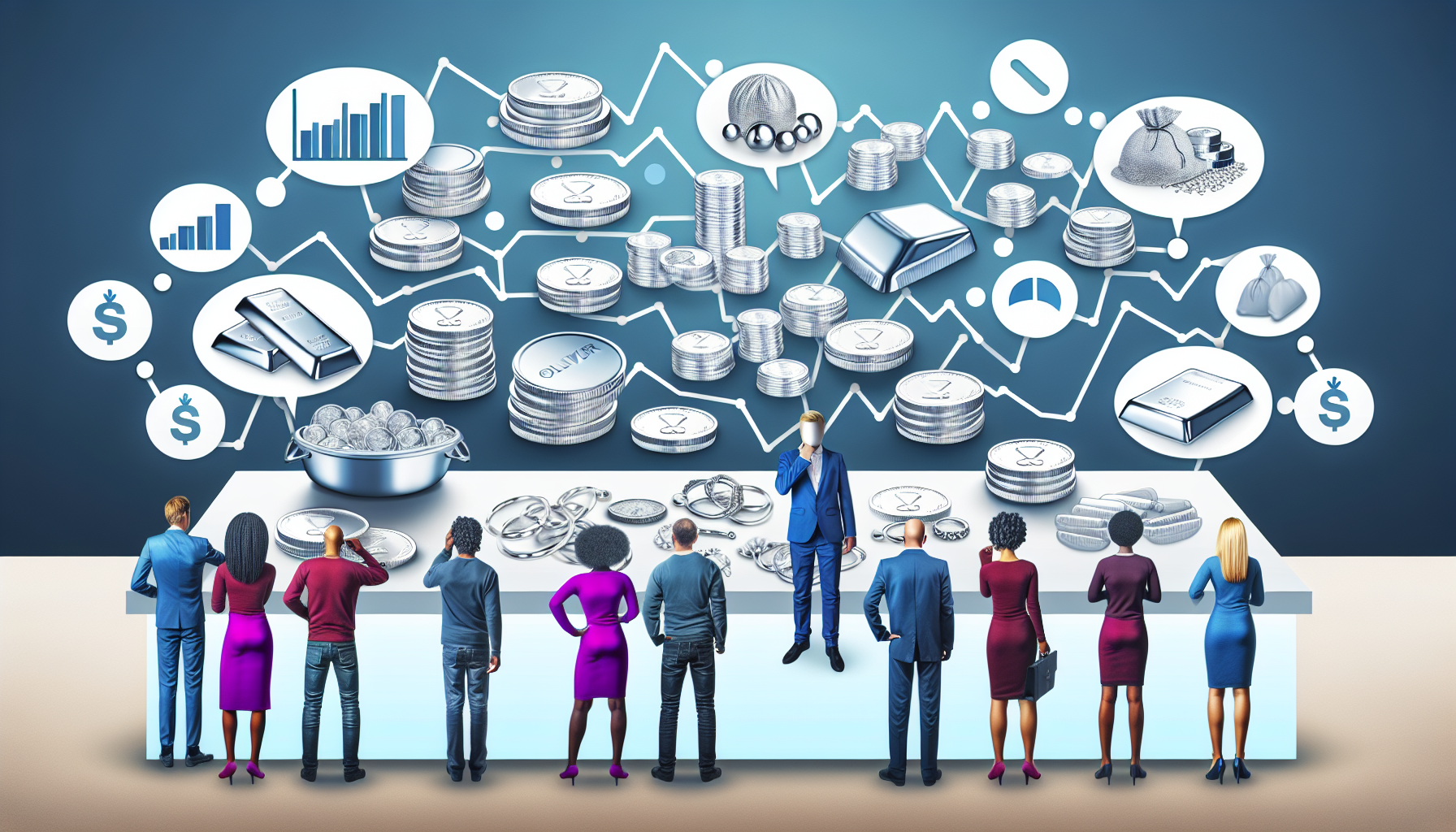 Eine visuell dargestellte Strategie zum Kauf von Silber. Das Bild zeigt eine grafische Darstellung eines Tisches, der mit verschiedenen Silberartikeln wie M&Atilde;&frac14;nzen, Barren und Schmuck gef&Atilde;&frac14;llt ist. Neben dem Tisch steht eine vielf&Atilde;&curren;ltige Gruppe von Menschen mit unterschiedlichen Merkmalen, die verschiedene Abstammungen repr&Atilde;&curren;sentieren (z. B. wei&Atilde;Ÿ, hispanisch, schwarz, nah&Atilde;&para;stlich, s&Atilde;&frac14;dasiatisch usw.). Sie interagieren alle mit dem Tisch, begutachten die Gegenst&Atilde;&curren;nde und treffen strategische Entscheidungen, dargestellt durch Gedankenblasen, die mit Flussdiagrammen und Grafiken gef&Atilde;&frac14;llt sind. Im Hintergrund ist ein schwankendes Diagramm zu sehen, das den Silberpreis im Zeitverlauf darstellt.