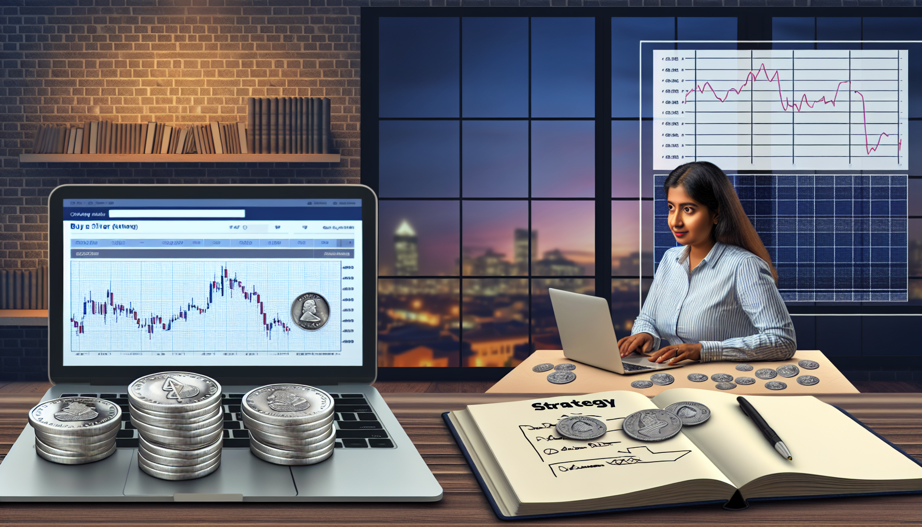 Ein Bild, das den Prozess des Silberkaufs zeigt: Eine Frau s&Atilde;&frac14;dasiatischer Abstammung sitzt an einem Tisch, vor ihr ein ge&Atilde;&para;ffneter Laptop mit einer Finanzwebseite, die die aktuellen Silberpreise anzeigt. Auf dem Tisch liegen mehrere Silberbarren und -m&Atilde;&frac14;nzen, die das Licht reflektieren. Neben ihr liegt ein Notizbuch mit einer ausgearbeiteten Strategie, darauf Diagramme und Anmerkungen. Im Hintergrund ein loftartiger Raum mit Regalen voller B&Atilde;&frac14;cher &Atilde;&frac14;ber Investitionen und Finanzm&Atilde;&curren;rkte; au&Atilde;Ÿerdem ein Fenster, das bei D&Atilde;&curren;mmerung eine Stadtskyline zeigt.