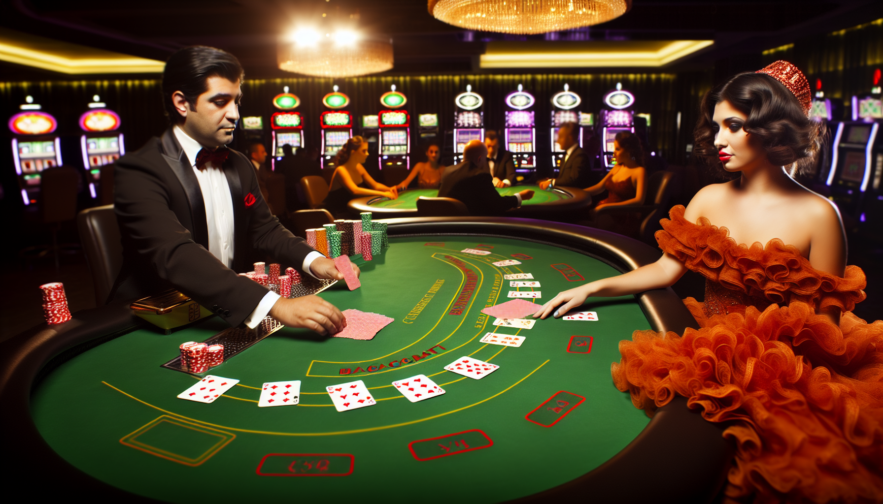 Eine packende Szene eines Baccarat-Spiels in einem gut beleuchteten Casino. Der grÃ¼ne Filztisch ist mit karminroten und goldenen Details verziert, glÃ¤nzende, makellose Spielkarten spiegeln das Umgebungslicht schwach wider. Auf der einen Seite mischt ein schwarzer Dealer die Karten elegant mit Technik und PrÃ¤zision. Auf der anderen Seite platziert eine hispanische Frau in einem safranfarbenen, mit RÃ¼schen versehenen Abendkleid behutsam ihren Einsatz und zeigt ein etwas selbstgefÃ¤lliges LÃ¤cheln. Im Hintergrund vervollstÃ¤ndigt eine Symphonie aus elektronischen Melodien der Spielautomaten und gedÃ¤mpftem Geplauder die lebhafte AtmosphÃ¤re eines Spiels mit hohen EinsÃ¤tzen.