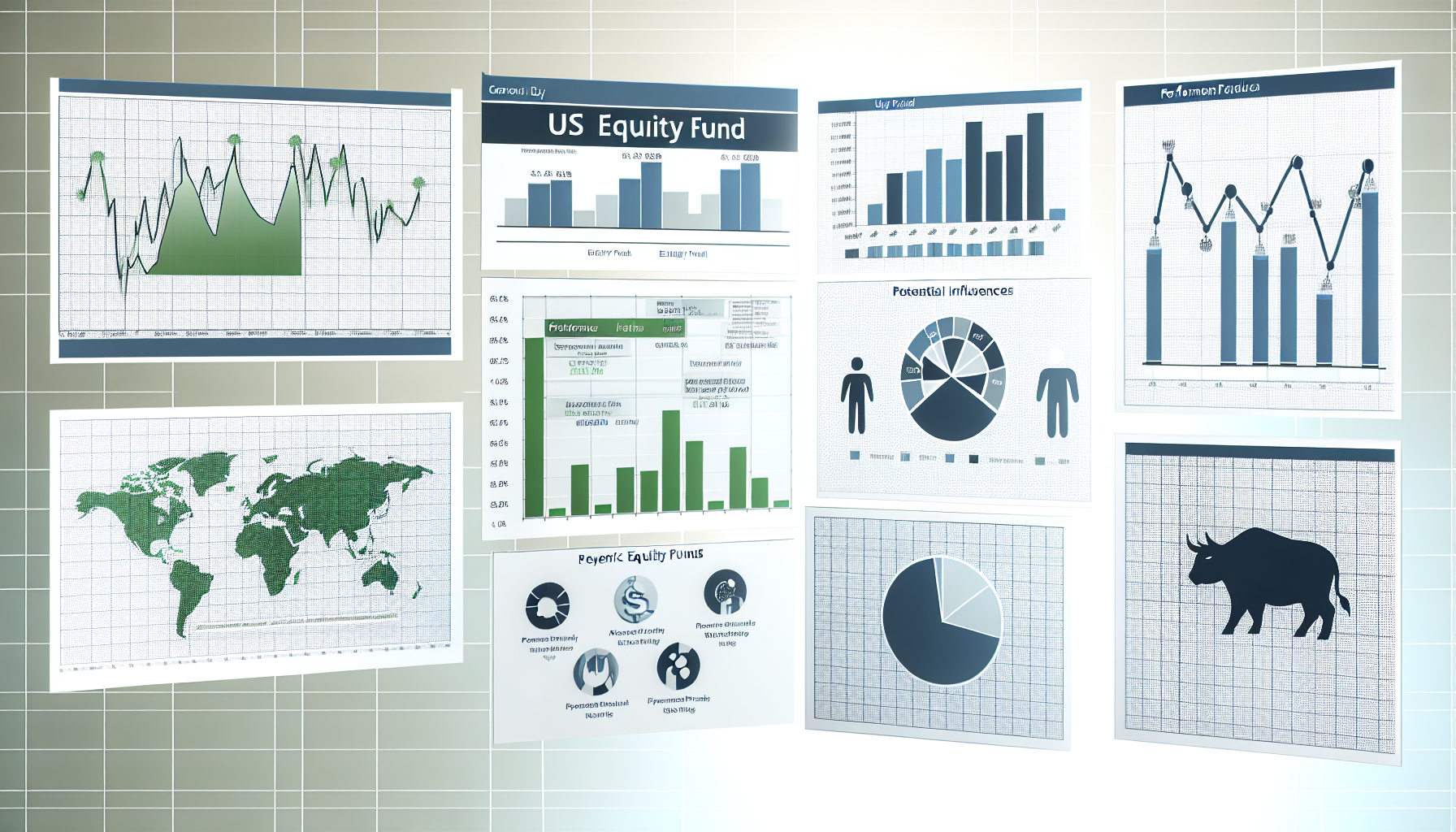 Mehrere Diagramme, Schaubilder und Datenvisualisierungen zu US-Aktienfonds. Die Szene zeigt ein gro&Atilde;Ÿes zentrales Diagramm mit Performance-Daten eines generischen US-Aktienfonds, umgeben von kleineren Diagrammen, die verschiedene relevante Wirtschaftsindikatoren, Marktbedingungen und potenzielle Einflussfaktoren darstellen. Am Rand sind au&Atilde;Ÿerdem ikonische Darstellungen des Aktienmarkts zu sehen, wie Bullen- und B&Atilde;&curren;renfiguren.