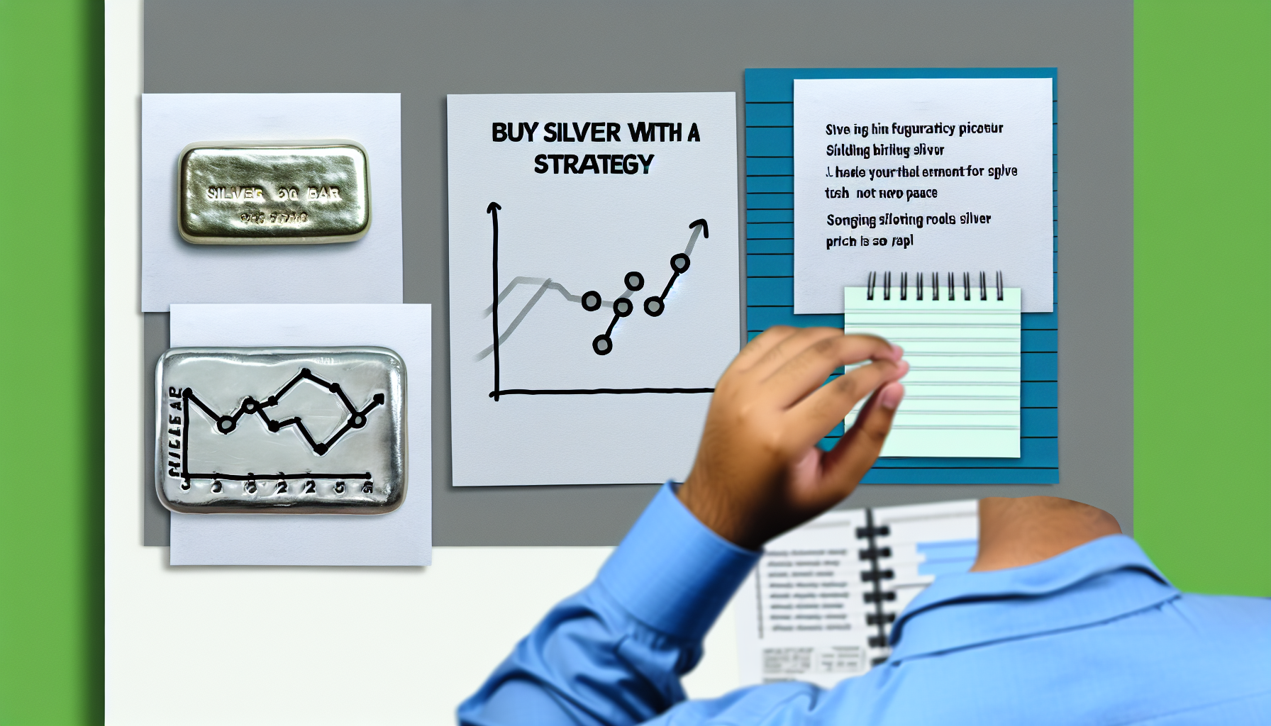 Eine illustrierte Anleitung, wie man Silber strategisch kauft. Das Bild sollte einen Silberbarren, ein Diagramm, das die Schwankungen der Silberpreise zeigt, und einige strategische Tipps in Textform auf Notizzetteln darstellen. Die Szene spielt in einem B&Atilde;&frac14;ro, in dem ein s&Atilde;&frac14;dasiatischer Mann die Strategien betrachtet.