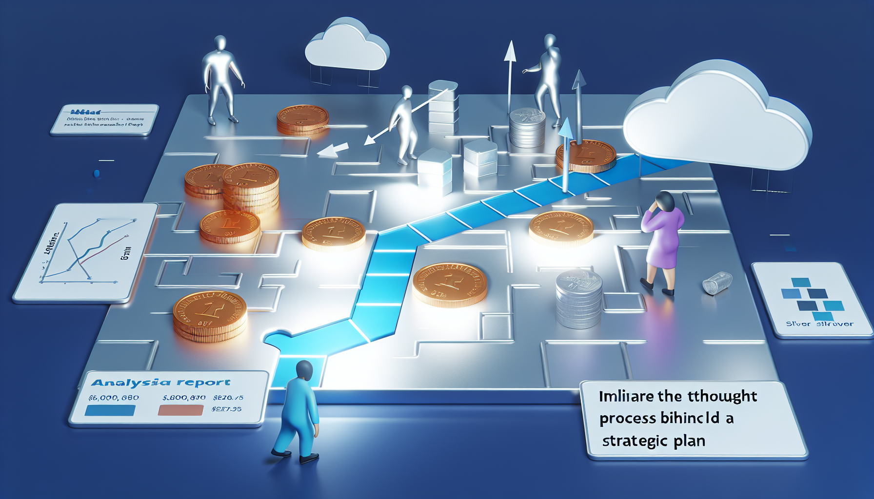 Eine visuelle Illustration, die das Konzept des Silberkaufs mit einem strategischen Plan darstellt. In einem brettspielÃ¤hnlichen Setting navigieren die Figuren einen mit SilbermÃ¼nzen und -barren gesÃ¤umten Pfad. Sie sind ausgestattet mit Werkzeugen, die verschiedene Anlagestrategien reprÃ¤sentieren, wie Analyseberichte, Trendgrafiken und Wirtschaftsprognosen. Veranschauliche den Denkprozess hinter der Strategie durch visuelle Metaphern wie Pfeile, Schachfiguren oder Labyrinthe.