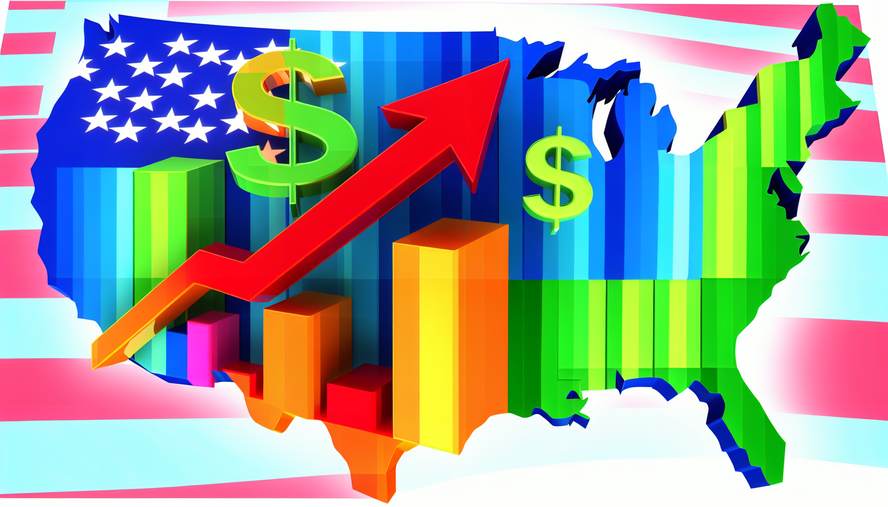 Eine farbenfrohe digitale Darstellung eines US-Aktienfonds. Das Bild sollte ein markantes, stilisiertes S&Atilde;&curren;ulendiagramm zeigen, das Wachstum darstellt und &Atilde;&frac14;ber einer Karte der Vereinigten Staaten liegt. Dollarzeichen und Symbole, die finanzielles Wachstum repr&Atilde;&curren;sentieren &acirc;€” etwa nach oben zeigende Pfeile &acirc;€” sollten &Atilde;&frac14;berall zu sehen sein. Die verwendeten Farben sollten leuchtend und zahlreich sein und die Vielfalt innerhalb des Aktienfonds symbolisieren. Die Anordnung der Elemente in der Illustration sollte ausgewogen und &Atilde;&curren;sthetisch ansprechend sein.