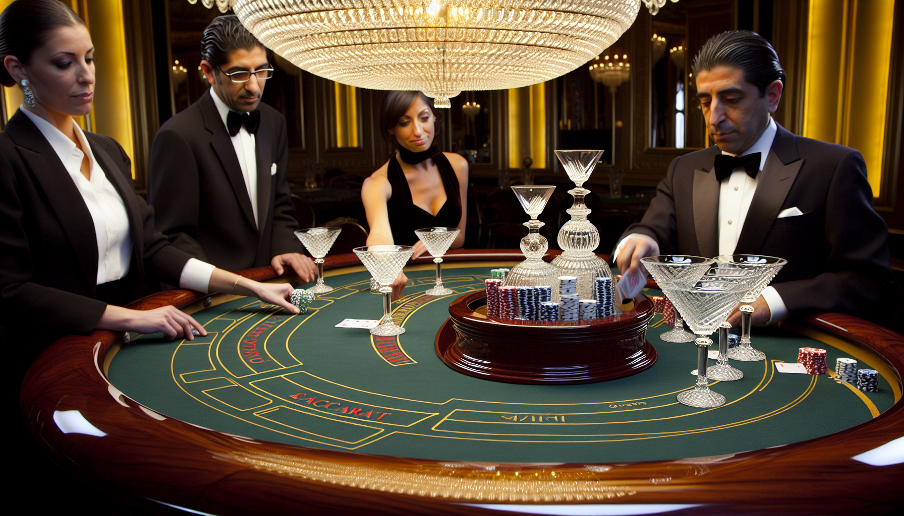 Ein makelloser Baccarat-Spieltisch, eingefangen in seiner ganzen Weite und Pracht. Kristallklare, einzigartig geformte Baccarat-Gläser ergänzen den satten Mahagoni-Tisch, dessen mit Filz bezogene Tischplatte förmlich nach Genuss verströmt. Gruppen von Kartendecks sind strategisch platziert, während die Dealerin, eine hispanische Frau im formellen Smoking, ein Kartenspiel mischt. Spieler, ein Mann aus dem Nahen Osten und eine kaukasische Frau, beide außerordentlich elegant, platzieren ihre Einsätze. Die Atmosphäre ist intensiv; Erwartung und Glück liegen in der Luft. Ein schöner goldener Kronleuchter wirft warmes, einladendes Licht über die gesamte Szene. Im Hintergrund zeichnet sich dezent ein opulenter, geschmackvoll dekorierter Casinoinnenraum ab.