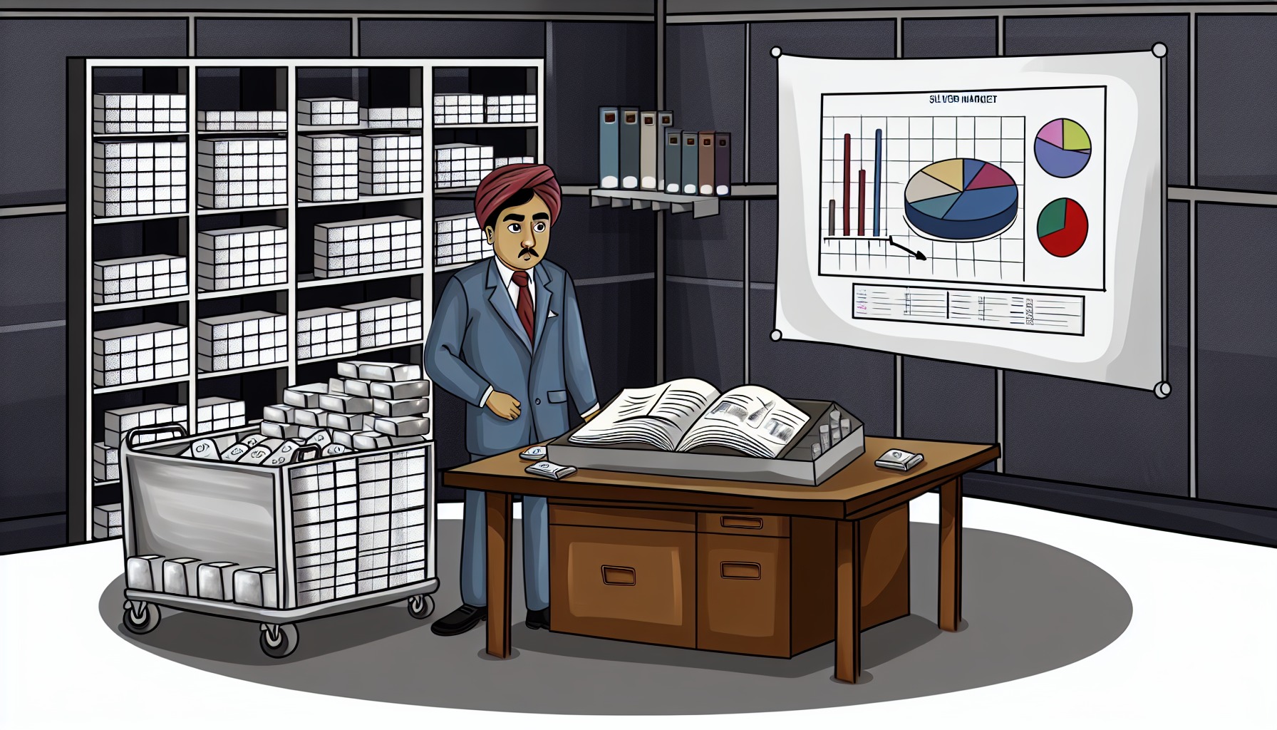Eine Illustration einer Person, die strategisch Silber kauft. Diese Person, ein scharfsinniger s&Atilde;&frac14;dasiatischer Herr, t&Atilde;&curren;tigt den Kauf auf Grundlage seines sorgf&Atilde;&curren;ltig ausgearbeiteten Plans. Die Szene spielt in einem ger&Atilde;&curren;umigen Tresorraum, dessen W&Atilde;&curren;nde mit Regalen voller Silberbarren best&Atilde;&frac14;ckt sind. Es gibt einen mit Silber gef&Atilde;&frac14;llten Metallwagen und einen Tisch mit allerlei strategischen Planungswerkzeugen. Auf dem Tisch sind Diagramme, Grafiken, aufgeschlagene B&Atilde;&frac14;cher und ein Bildschirm mit Prognosen des Silbermarkts zu sehen. Der Gesichtsausdruck der Person, gepr&Atilde;&curren;gt von sorgf&Atilde;&curren;ltiger &Atilde;œberlegung, spiegelt die Ernsthaftigkeit seiner Silberkaufstrategie wider.