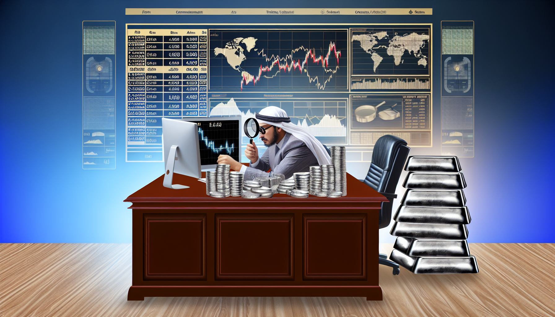 Eine detaillierte Szene einer Person, die eine akribische Strategie zum Kauf von Silber ausarbeitet. Die Person, ein Mann aus dem Nahen Osten, sitzt an einem robusten Mahagonischreibtisch. Vor ihm liegt ein Stapel Silberbarren, eine Lupe, um das Silber genau zu pr&Atilde;&frac14;fen, und ein komplexes Diagramm, das die globalen Silberpreise darstellt. Zu seiner Rechten zeigt ein Computer Live-Handelskurse f&Atilde;&frac14;r Edelmetalle. Der Raum ist mit weiteren finanziellen Indikatoren und Werkzeugen gef&Atilde;&frac14;llt, was die strategische Natur der Aufgabe betont.