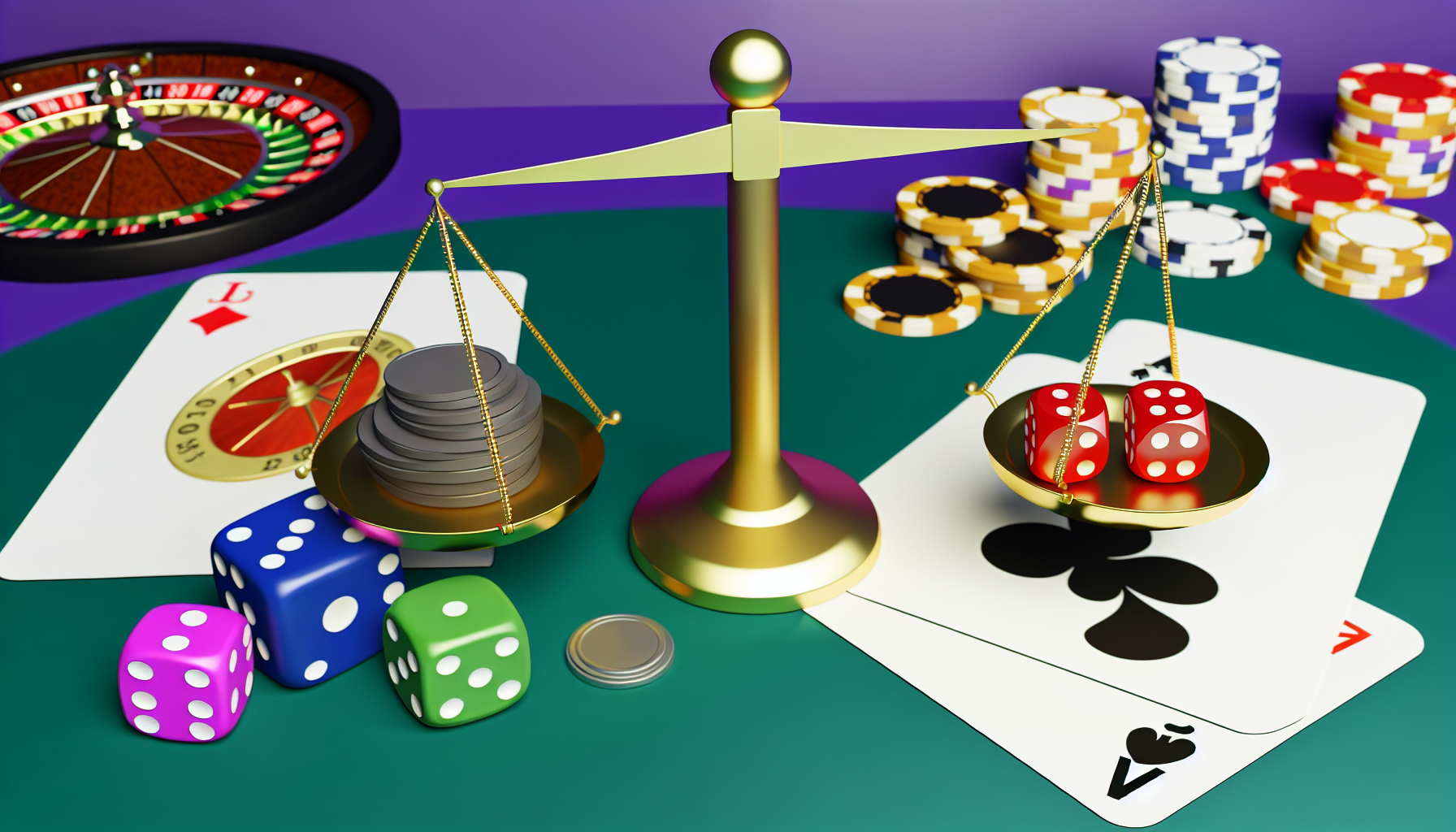 Illustrieren Sie ein Konzept einer Strategie beim Glücksspiel, das eine unsichere Wahrscheinlichkeit zeigt, Geld zu gewinnen oder zu verlieren. Zeigen Sie eine Waage: auf der einen Seite Münzen, die Geld repräsentieren, auf der anderen Seite rollende Casino-Würfel, die das Risiko des Glücksspiels anzeigen. Rundherum streuen Sie Pokerkarten, ein Roulette‑Rad und einen Spielautomaten, die die gängigen Glücksspiele symbolisieren. Hinweis: Diese Szene soll die Idee einer Glücksspielstrategie darstellen, ohne eine Aussage über deren Gültigkeit oder Wirksamkeit zu treffen.