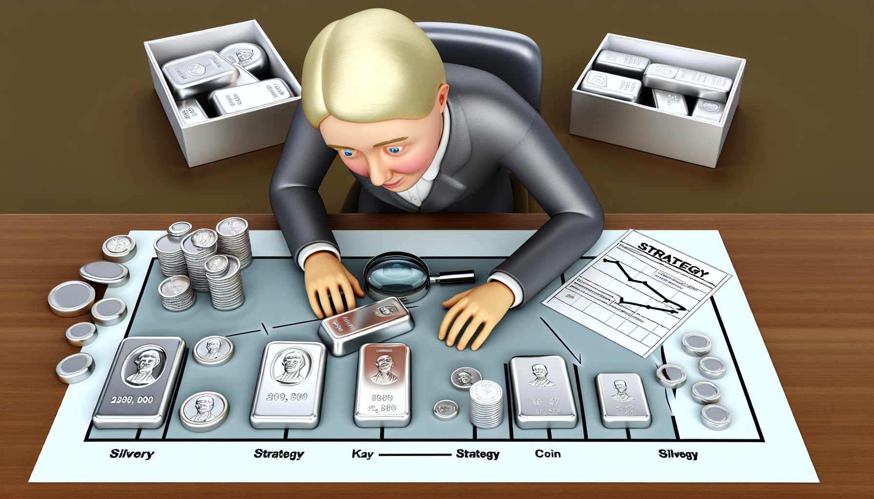 Eine Illustration einer kaukasischen Person, die strategisch Silber erwirbt. Die Szene zeigt einen Tisch, beladen mit verschiedenen Arten von SilbergegenstÃ¤nden wie Barren, MÃ¼nzen und Schmuck. Auf dem Tisch liegt auÃŸerdem ein Strategieplan mit markierten wichtigen Punkten, der bei der Kaufentscheidung hilft. Die Person betrachtet einen Silberbarren mit einer Lupe aus nÃ¤chster NÃ¤he, was das Konzept sorgfÃ¤ltiger Inspektion und PrÃ¼fung im Zusammenhang mit strategischem Kauf hervorhebt.