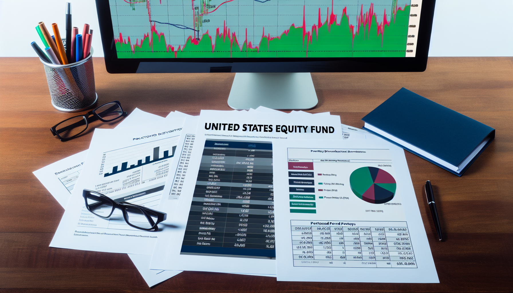 Eine Sammlung von Dokumenten zu einem US-Aktienfonds, einschließlich Diagrammen, Grafiken und Statistiken, ausgebreitet auf einem großen Holztisch. Die Papiere sollten verschiedene Finanzinformationen zeigen, wie Portfolioverteilungen, Sektorallokationen, Top‑Positionen und Performance‑Statistiken. Platziere eine Brille und einen Stift auf den Papieren; im Hintergrund ist ein Computerbildschirm zu sehen, der Aktienmarktgrafiken und Kursbewegungen anzeigt.