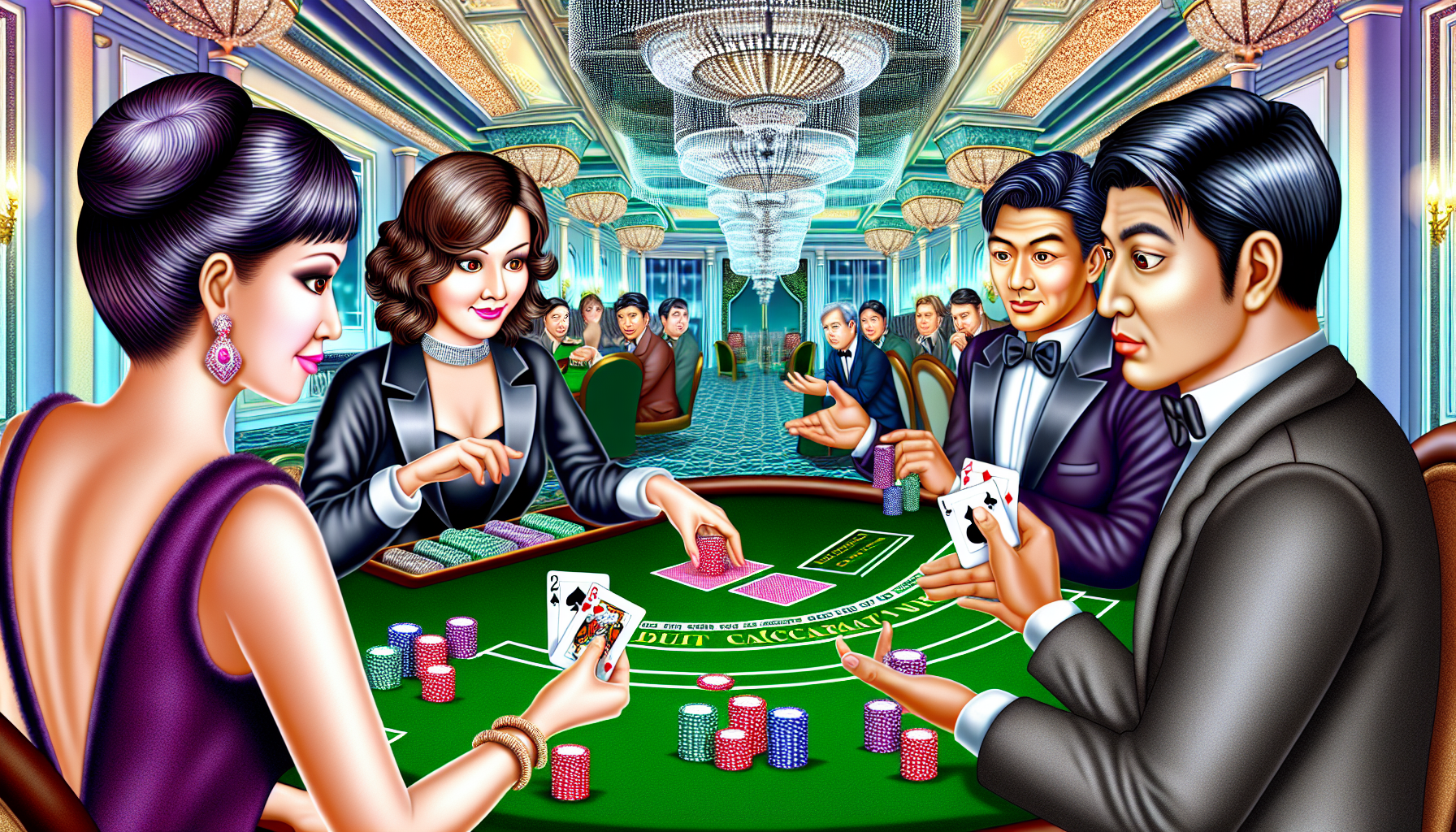 Eine detaillierte Illustration einer Baccarat-Spielszene. In der Mitte &Atilde;&frac14;berreicht die Dealerin, eine asiatische Frau in einem formellen Anzug, zwei Karten an einen kaukasischen Mann und eine Frau aus dem Nahen Osten, die gegen&Atilde;&frac14;ber am Tisch sitzen; beide erwarten gespannt das Ergebnis ihrer Wette. Ihre Gesichter sind von Spannung und Aufregung erf&Atilde;&frac14;llt. Auf dem gr&Atilde;&frac14;nen Filz des Baccarat-Tisches stehen mehrere Stapel Jetons als Eins&Atilde;&curren;tze. Die Hintergrundgestaltung deutet auf ein gehobenes Casino hin, mit beeindruckender Innenausstattung, exquisiten Kronleuchtern, die von der Decke h&Atilde;&curren;ngen, und elegant gekleideten Umstehenden, die das Spiel beobachten.