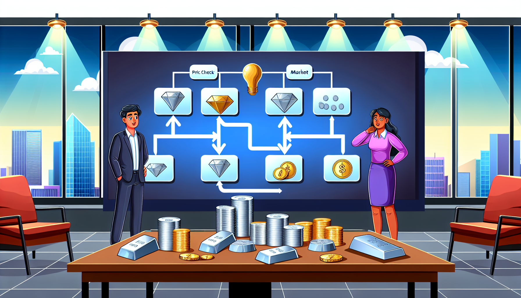 Illustration eines strategischen Prozesses zum Kauf von Silber. Die Szene zeigt ein detailliertes Flussdiagramm auf einer gro&Atilde;Ÿen Tafel. Das Flussdiagramm enth&Atilde;&curren;lt Schritte wie Preis&Atilde;&frac14;berpr&Atilde;&frac14;fung, Marktanalyse, Treffen der Kaufentscheidung und schlie&Atilde;Ÿlich den Kauf von Silber. In einem hell erleuchteten Raum betrachten und diskutieren ein kaukasischer Mann und eine s&Atilde;&frac14;dasiatische Frau, beide gesch&Atilde;&curren;ftlich gekleidet, die Strategie. Auf dem Tisch vor ihnen liegen mehrere Silberbarren und -m&Atilde;&frac14;nzen. Hinter ihnen befindet sich ein gro&Atilde;Ÿes Fenster, das eine lebendige Stadtkulisse zeigt und die globale Natur des Silbermarkts symbolisiert.