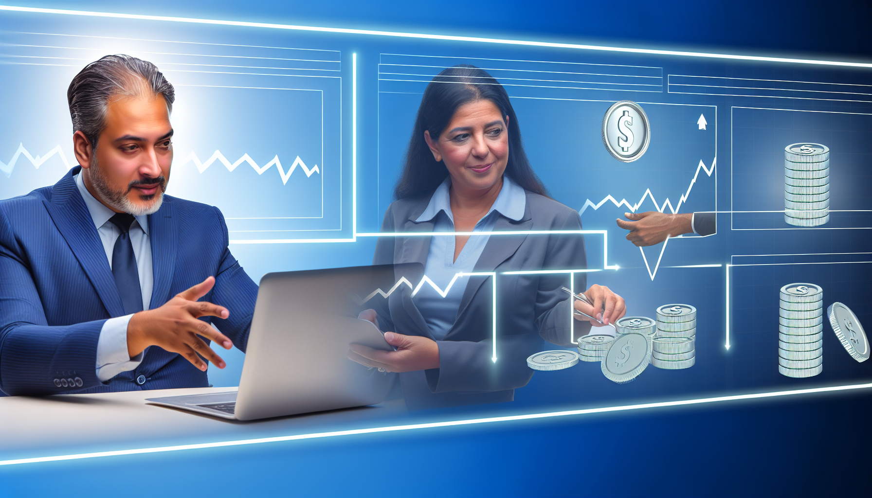 Ein detailliertes Bild, das den Prozess eines strategischen Silberkaufs veranschaulicht. Links beginnt die Szene mit einem Investor, einem s&Atilde;&frac14;dasiatischen Mann mittleren Alters, der die aktuellen Marktpreise auf einem digitalen Diagramm auf seinem Laptop analysiert. In der Bildmitte bespricht derselbe Mann seine Strategie mit einer hispanischen Frau, einer erfahrenen Silbermaklerin. Rechts schlie&Atilde;Ÿt die Darstellung damit, dass der Mann und die Maklerin den Silberkauf endg&Atilde;&frac14;ltig besiegeln.