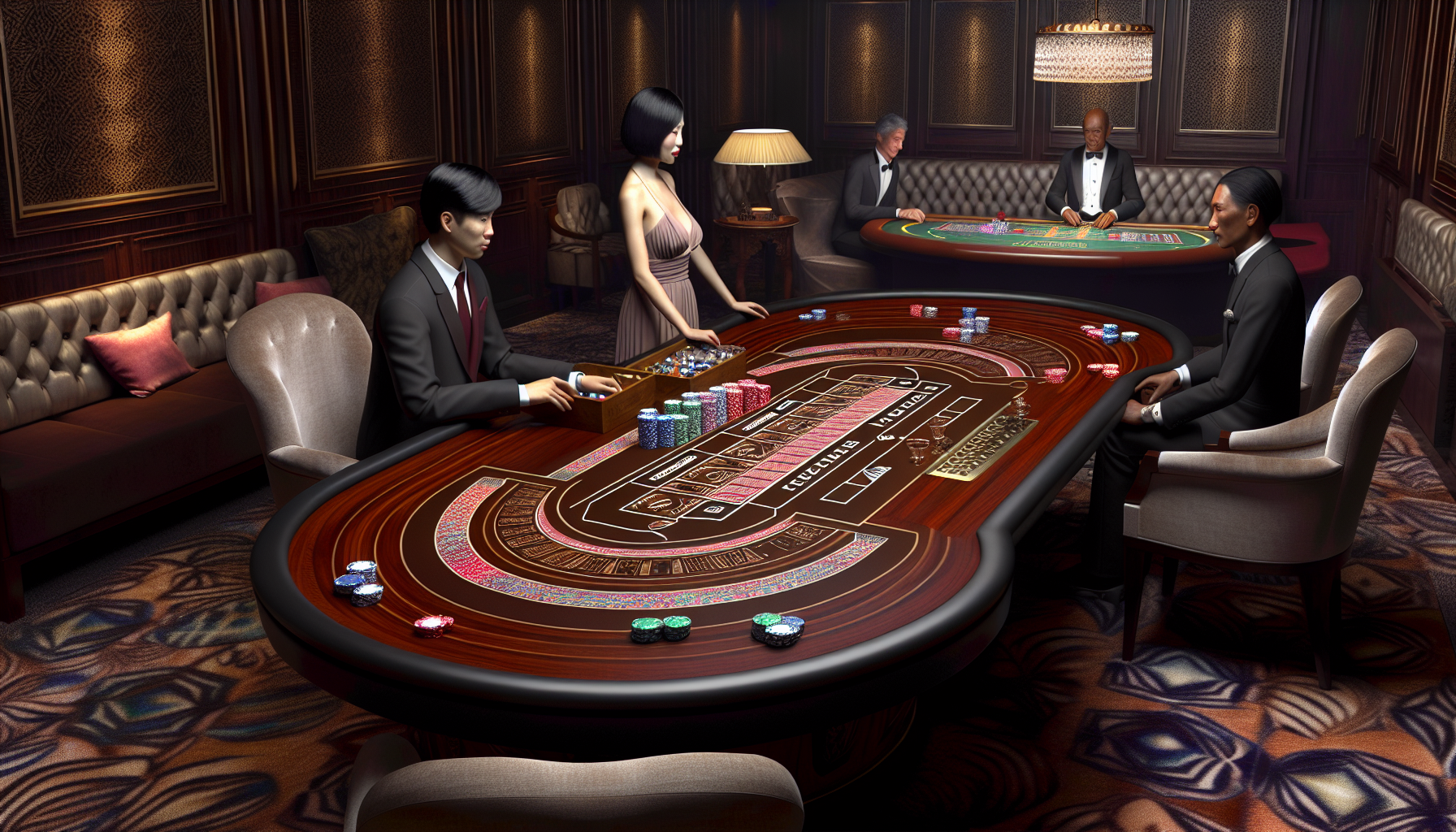 Eine detaillierte Darstellung einer Baccarat-Glücksspielszene. Der Schauplatz ist ein gehobenes, schwach beleuchtetes Casino mit polierten Mahagoni-Tischen und plüschigen Samtsesseln im Vordergrund. Auf dem Tisch ist ein kunstvoll gestalteter Baccarat-Spielplan eingraviert, der von sanftem, warmem Licht beleuchtet wird. Ein Croupier und drei Spieler sitzen um den Tisch und sind in das Spiel vertieft. Der erste Spieler ist ein junger asiatischer Mann, elegant in einem Anzug gekleidet. Die zweite Spielerin ist eine schwarze Frau in eleganter Abendgarderobe, mit einem entschlossenen Ausdruck. Der dritte Spieler ist ein älterer weißer Mann in vornehmer Kleidung und strahlt Selbstbewusstsein aus. Auf dem Tisch liegen gemusterte Spielkarten und Stapel bunter Casino-Chips, die die Einsätze des Spiels symbolisieren.