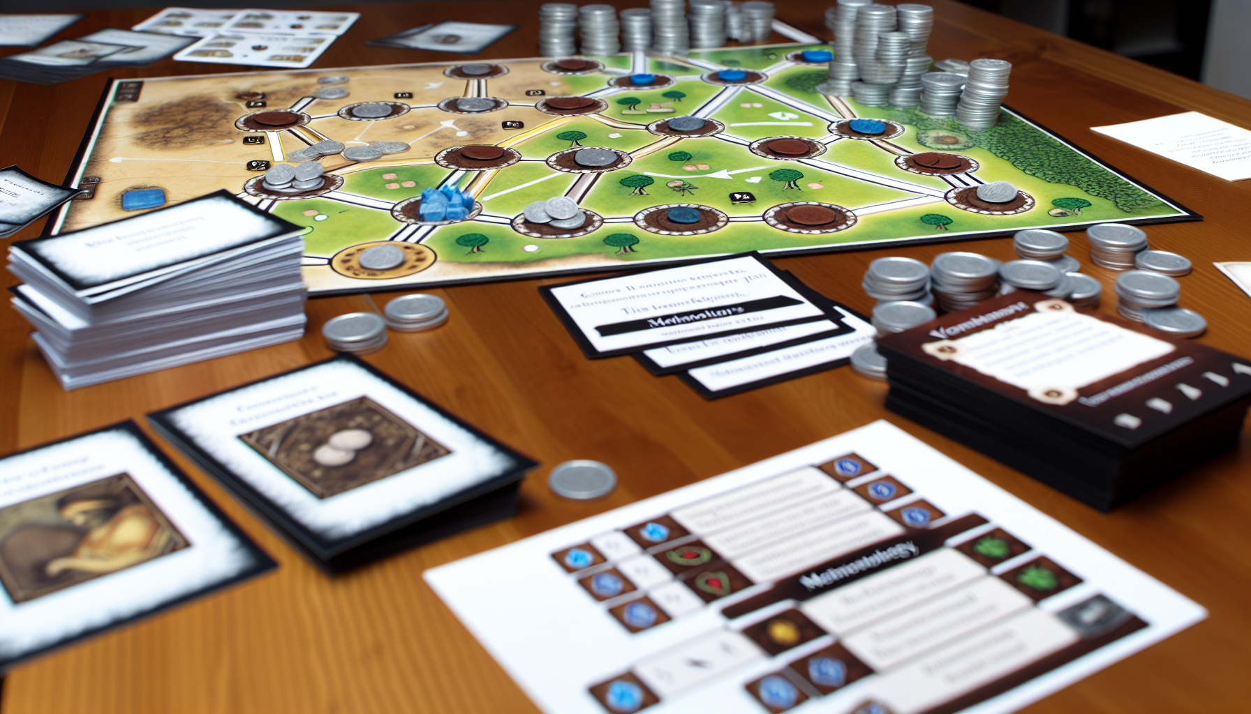 Eine Darstellung eines strategischen Brettspiels, bei dem das Hauptziel darin besteht, Silber zu erwerben. Das Spielbrett ist mit mehreren Pfaden ausgelegt, die zu Haufen von Silberm&Atilde;&frac14;nzen f&Atilde;&frac14;hren. Am Rand liegen Karten sowie Methodenb&Atilde;&frac14;cher und Strategiehandb&Atilde;&frac14;cher verstreut, au&Atilde;Ÿerdem handgezeichnete Pl&Atilde;&curren;ne f&Atilde;&frac14;r Gewinnstrategien. Das Spiel k&Atilde;&para;nnte Elemente von Risiko und Taktik enthalten, wobei die Spieler ihre Ressourcen und Entscheidungsf&Atilde;&curren;higkeiten einsetzen, um zu gewinnen. Die Atmosph&Atilde;&curren;re ist angespannt, da dieses Spiel strategische Planung und ein fundiertes Verst&Atilde;&curren;ndnis &Atilde;&para;konomischer Zusammenh&Atilde;&curren;nge erfordert.