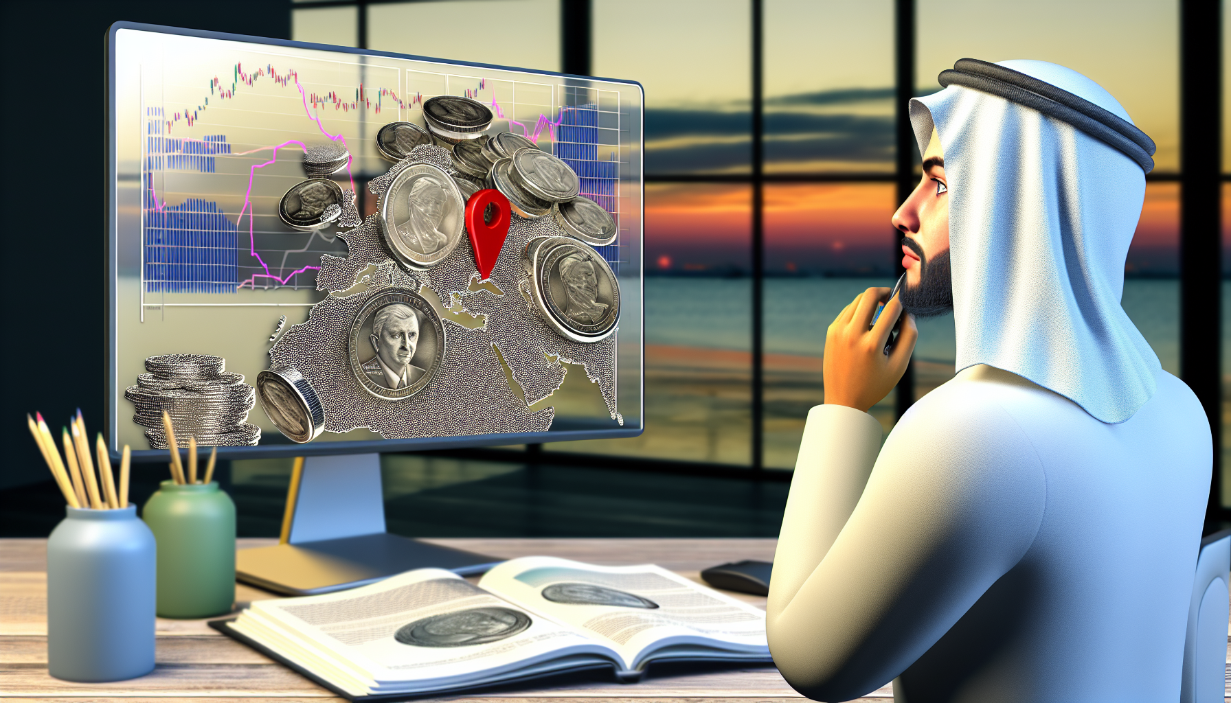 Eine realistische Darstellung einer Person mit nachdenklichem Ausdruck, die eine mit Silberm&Atilde;&frac14;nzen bedeckte Karte markiert. Die Person ist nah&Atilde;&para;stlicher Herkunft und untersucht die Markttrends auf einem Computerbildschirm, der mit analytischen Diagrammen gef&Atilde;&frac14;llt ist. In der Szene ist ein Buch mit dem Titel &acirc;€žStrategie f&Atilde;&frac14;r Silberinvestitionen&acirc;€œ sichtbar. F&Atilde;&frac14;gen Sie eine beruhigende B&Atilde;&frac14;roumgebung hinzu, durch deren Glasfenster der Sonnenuntergang zu sehen ist.