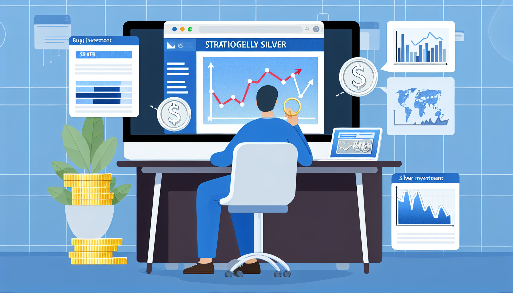Eine Illustration, die den Prozess des strategischen Silberkaufs darstellt. Die Abbildung zeigt eine Person, die an einem Schreibtisch sitzt, vor einem Laptop mit ge&Atilde;&para;ffneter Webseite zu Silberinvestitionen. Auf dem Schreibtisch liegen verschiedene Diagramme und Grafiken, die die Trends am Silbermarkt anzeigen. Die Person erarbeitet dabei sorgf&Atilde;&curren;ltig ihre Anlagestrategie: sie recherchiert, plant und w&Atilde;&curren;gt ihre finanziellen Ziele sowie die damit verbundenen Risiken ab.
