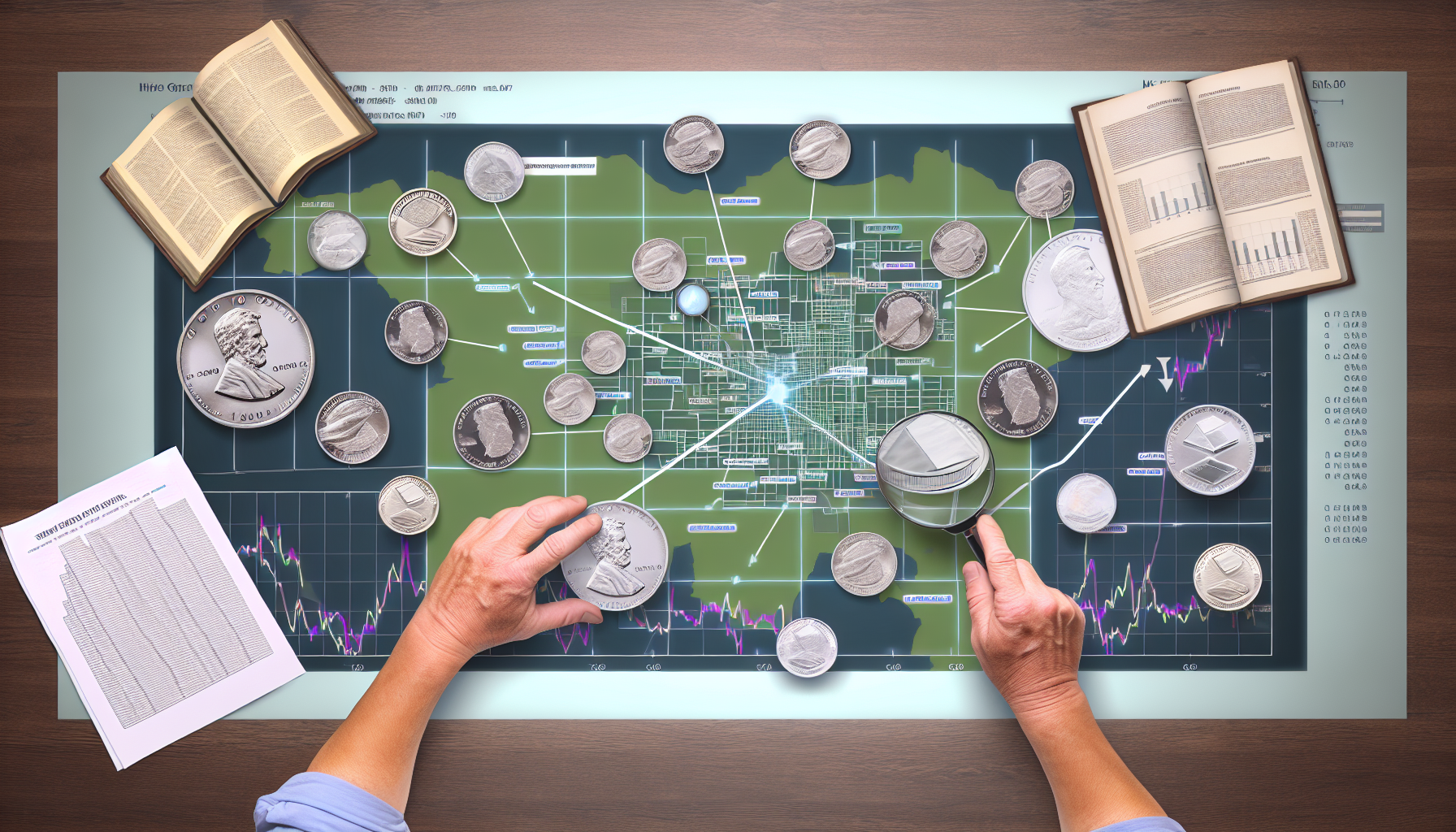 Eine Illustration einer Strategie zum Kauf von Silber. Stellen Sie sich eine gro&Atilde;Ÿe, detaillierte Karte vor, die auf einem Holztisch ausgebreitet liegt und mit verschiedenen Silberm&Atilde;&frac14;nzen bestreut ist, die unterschiedliche Arten und Werte zeigen. Daneben liegen B&Atilde;&frac14;cher &Atilde;&frac14;ber Geldanlage und Leitf&Atilde;&curren;den zu Edelmetallen. Ein Paar H&Atilde;&curren;nde, das zu einem kaukasischen Mann geh&Atilde;&para;rt, plant und strategisiert akribisch den Kauf; mit einer Lupe betrachtet er die M&Atilde;&frac14;nzen im Detail, ein Zeigestab zeigt auf bestimmte Stellen der Karte. Auff&Atilde;&curren;llig sind Diagramme, die &Atilde;&frac14;ber der Karte zu schweben scheinen und fast holografisch wirken, und die die Trends auf dem Silbermarkt darstellen.
