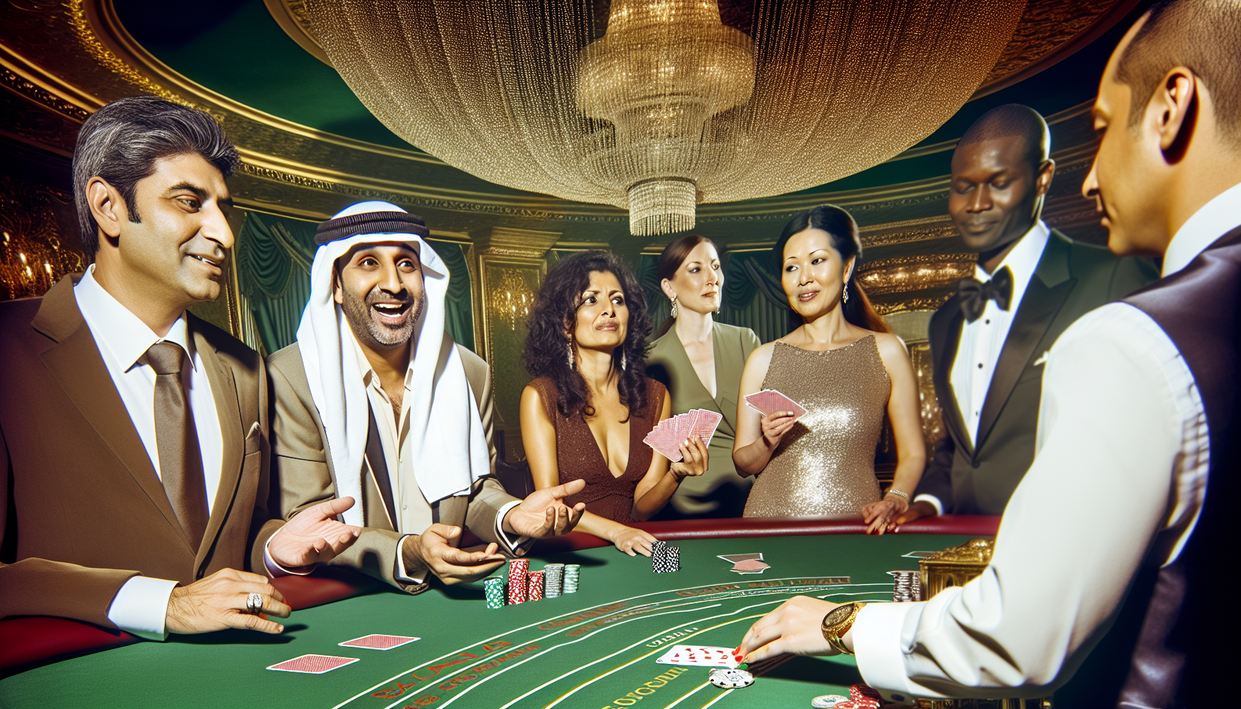 Ein Bild, das eine lebhafte Baccarat-Spielszene zeigt. Es handelt sich um ein Spiel mit hohen Eins&Atilde;&curren;tzen in einem luxuri&Atilde;&para;sen Casino, bei dem sich eine vielf&Atilde;&curren;ltige Gruppe von Menschen um einen gr&Atilde;&frac14;nen, mit Filz bezogenen Tisch versammelt hat. Ein Mann aus dem Nahen Osten und eine kaukasische Frau sind die Hauptspieler; die Aufregung steht ihnen ins Gesicht geschrieben, w&Atilde;&curren;hrend sie ihre Spielkarten halten und auf den n&Atilde;&curren;chsten Zug warten. Die Dealerin, eine s&Atilde;&frac14;dasiatische Frau, f&Atilde;&frac14;hrt Jetons und den Kartenstapel anmutig. Das opulente Ambiente wird von einem funkelnden Kronleuchter erhellt, der weiches Licht in den Raum wirft und den Glanz der goldenen Verzierungen an M&Atilde;&para;beln und W&Atilde;&curren;nden betont.