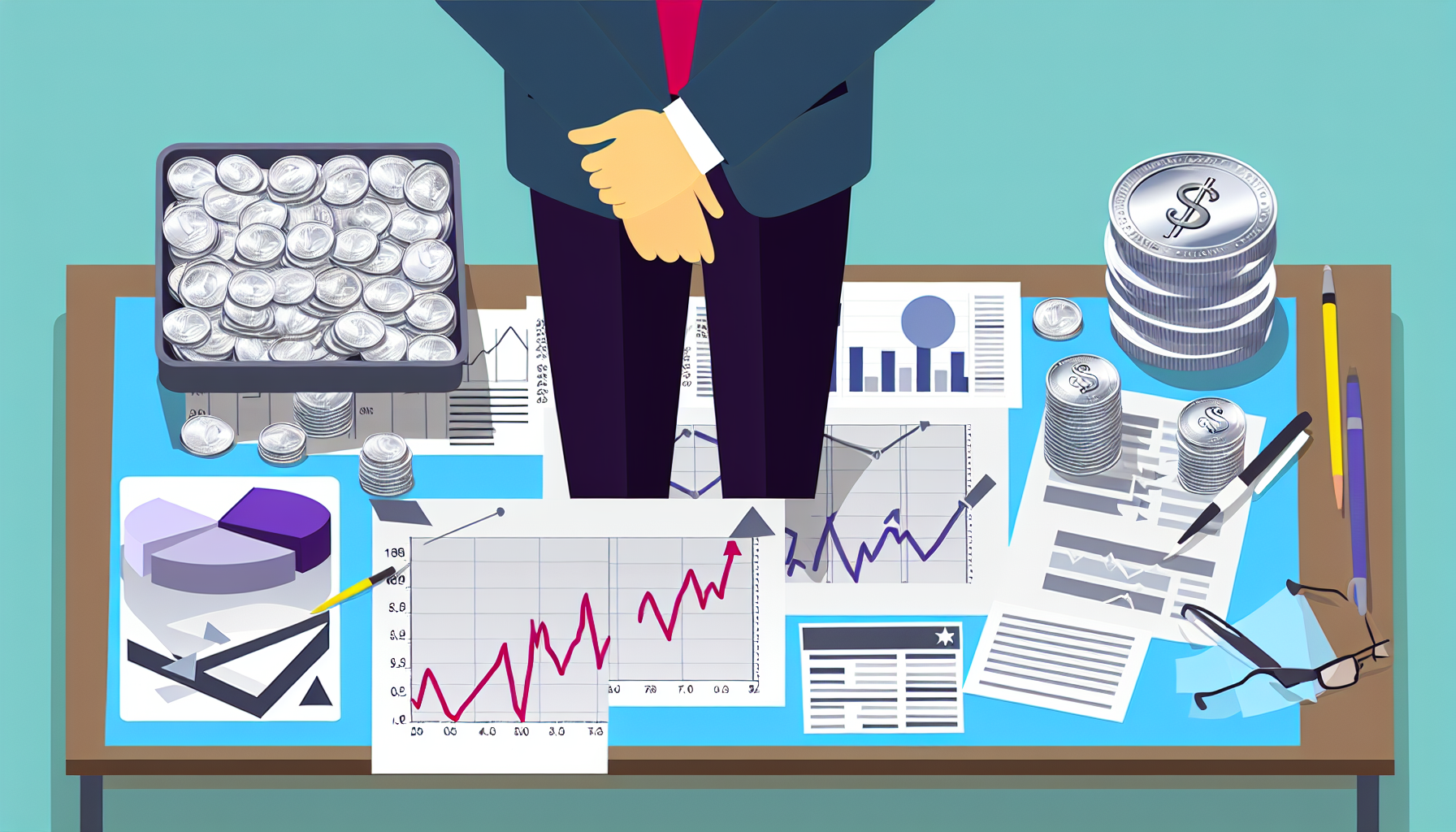 Ein illustrierter Leitfaden zum Silberkauf mit strategischem Ansatz. Er zeigt eine elegant gekleidete Person, die Finanzcharts zur Entwicklung der Silberpreise analysiert; auf der einen Seite des Schreibtisches liegt ein Stapel SilbermÃ¼nzen, auf der anderen ein Strategie-Board, gefÃ¼llt mit mÃ¶glichen PlÃ¤nen und Taktiken fÃ¼r kluge Investitionen.