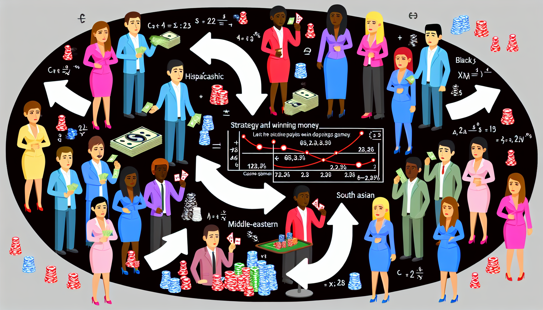 Eine illustrierte Darstellung, die den Zusammenhang zwischen Strategie und dem Gewinnen von Geld bei Casinospielen zeigt. Eine vielfältige Gruppe von Casinospielern unterschiedlicher Geschlechter und ethnischer Herkunft (z. B. weiße, hispanische, schwarze, nahöstliche und südasianische Personen). Sie beteiligen sich an strategischen Spielen wie Poker, Schach und Blackjack. Pfeile und mathematische Symbole zeigen die statistischen Gewinnwahrscheinlichkeiten in Abhängigkeit von verschiedenen Strategieanwendungen.