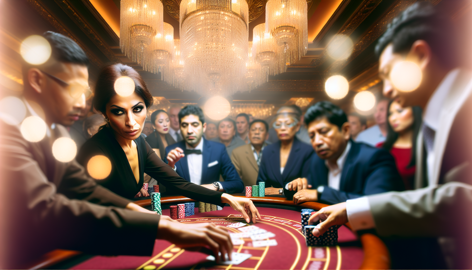 Eine dynamische Aufnahme, die die aufregende AtmosphÃ¤re einer Baccarat-Spielszene einfÃ¤ngt. Eine vielfÃ¤ltige Gruppe von Personen ist in das Spiel vertieft. Eine Frau aus dem Nahen Osten mit intensivem Blick setzt ihren Einsatz, wÃ¤hrend ein Mann aus SÃ¼dasien die Karten mit PrÃ¤zision und Selbstvertrauen austeilt. Der sanft beleuchtete Raum strahlt WÃ¤rme aus, dank der massiven Mahagoni-Spieltische und des Glanzes, der von kristallenen Kronleuchtern an der Decke ausgeht. Ein im Hintergrund eingesetzter Bokeh-Effekt zeigt lebhafte Zuschauer verschiedener Herkunft und Geschlechter, die das Spiel mit hohen EinsÃ¤tzen beobachten.