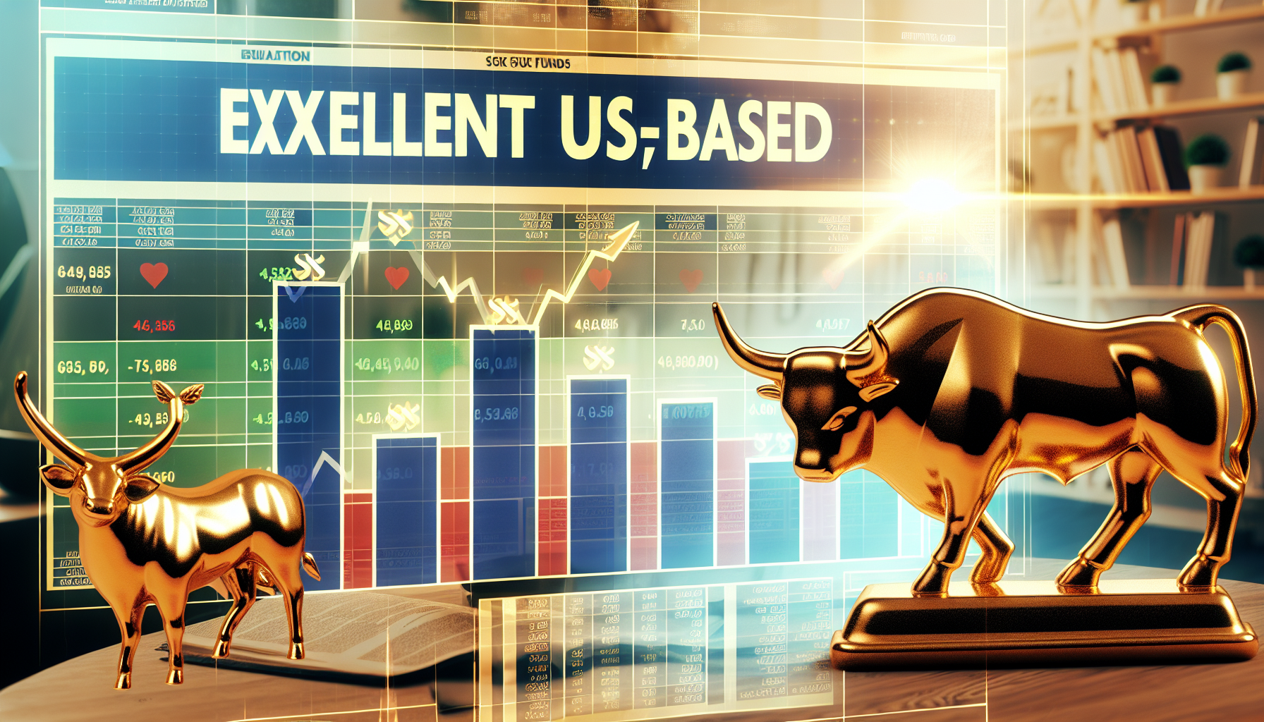 Eine visuelle Darstellung ausgezeichneter US-amerikanischer Aktienfonds. Das Bild zeigt Aktiencharts mit positiven Trendlinien und Symbolen leistungsstarker Unternehmen. Der Hintergrund ist wie eine Finanzzeitung gestaltet, mit Tabellenkalkulationen und Diagrammen zu verschiedenen Unternehmen. Eine goldene Skulptur von Bulle und Bär, die die Börsentrends darstellt, steht auf einem Holztisch.