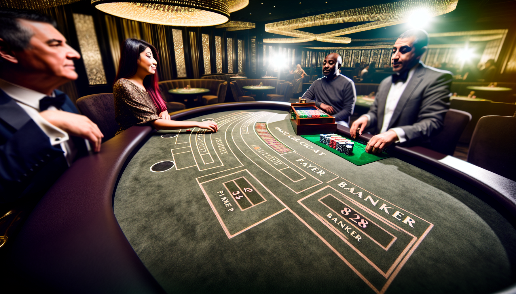 Ein dynamisches Bild, das die Szene eines Baccarat-Spielaufbaus einfängt. Im Vordergrund befindet sich ein mit Filz bezogener Tisch mit aufgedruckten Feldern für Spieler-, Banker- und Unentschieden-Einsätze. Das Bild zeigt drei Spieler, die sitzen und ihre Einsätze platzieren: eine Frau aus dem Nahen Osten, ein schwarzer Mann und ein weißer Mann. Im Hintergrund liegen mehrere Kartendecks in einem Kartenverteiler (Dealing Shoe) und Casino-Chips unterschiedlicher Wertstufen. Der Raum ist gedämpft beleuchtet, wobei eine gezielte, raffinierte Beleuchtung auf den Tisch gerichtet ist und die intensive Atmosphäre betont.
