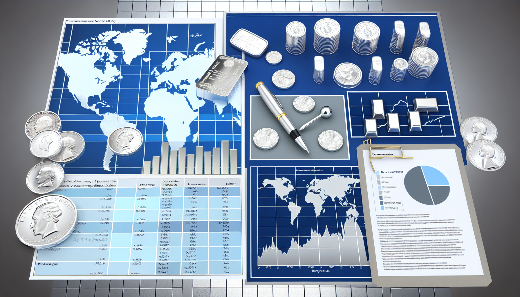 Eine gut durchdachte Strategie zum Kauf von Silber. Das Bild sollte ein umfassendes Diagramm zeigen, das den schwankenden Silberpreis darstellt, eine Weltkarte mit markierten wichtigen Silberproduktionsregionen, sowie eine Tabelle mit empfohlenen Investitionen. Fügen Sie außerdem Bilder verschiedener Arten physischen Silbers hinzu, z. B. Münzen, Barren und Anlagebarren/-münzen. Bitte keine Logos oder Markennamen im Bild. Der Gesamteindruck soll geschäftlich und seriös sein, mit einer Farbgestaltung, die Grau- und Blautöne betont.