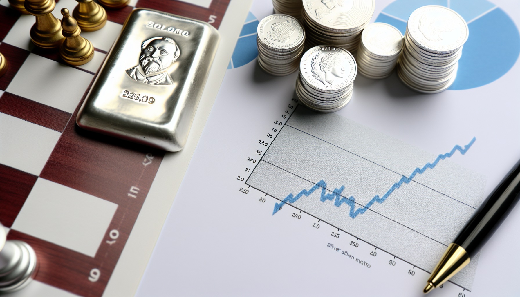 Stelle eine konzeptionelle Szene dar, die den Kauf von Silber mit einer strategischen Herangehensweise zeigt. Zeichne ein Diagramm oder Chart mit den Preisentwicklungen/Trends von Silber und platziere ein Schachbrett in der N&Atilde;&curren;he als Symbol f&Atilde;&frac14;r Strategie. F&Atilde;&frac14;ge eventuell mehrere Silberm&Atilde;&frac14;nzen und -barren verstreut auf dem Tisch hinzu. Achte darauf, eine nachdenkliche/bed&Atilde;&curren;chtige Stimmung zu vermitteln, die die strategische Entscheidungsfindung im Prozess ausdr&Atilde;&frac14;ckt.