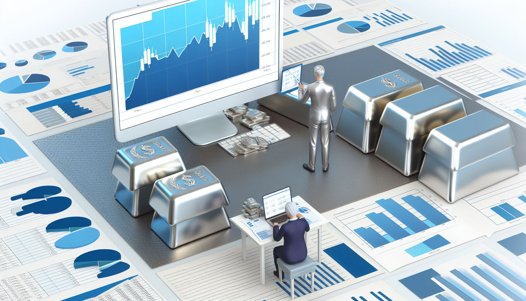 Eine detaillierte Szene, die den strategischen Ankauf von Silber darstellt. Person A wird gezeigt, wie sie am Computer Markttrends recherchiert und studiert, w&Atilde;&curren;hrend Person B mit einem professionellen Silberh&Atilde;&curren;ndler &Atilde;&frac14;ber den Preis verhandelt. Diagramme, Schaubilder und Silberbarren liegen sichtbar &Atilde;&frac14;ber ein ger&Atilde;&curren;umiges B&Atilde;&frac14;ro verstreut.