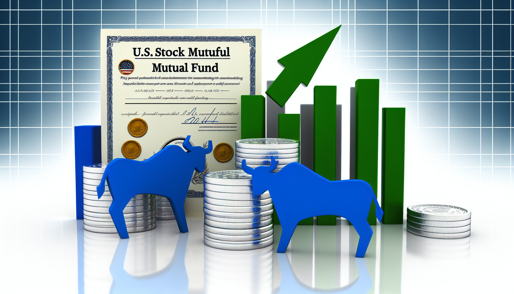 Eine beeindruckende grafische Darstellung, die die Elemente der bestperformenden US-Aktien-Investmentfonds hervorhebt. Das Bild sollte gestapelte Münzen, Balkendiagramme, die Wachstum anzeigen, ein Bullen-Symbol für einen Bullenmarkt sowie ein schön gestaltetes Zertifikat, das einen Investmentfonds kennzeichnet, zeigen. Für ein stimmiges Gesamtbild sollte ein Farbschema aus Blau, Silber und Grün verwendet werden, das häufig mit Finanzen und Wachstum assoziiert wird.