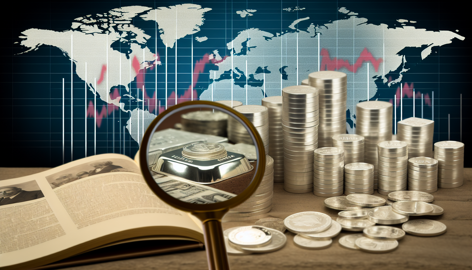 Ein strategischer Ansatz zum Kauf von Silber: Visualisierung eines Diagramms, das den Anstieg und Fall der Silberpreise im Zeitverlauf prognostiziert, begleitet von gestapelten Silberbarren und -m&Atilde;&frac14;nzen. Im Hintergrund ist eine Weltkarte zu sehen, die die wichtigsten silberproduzierenden L&Atilde;&curren;nder zeigt. Auf einem Beistelltisch liegt ein aufgeschlagenes Buch &Atilde;&frac14;ber Investitionen in Edelmetalle, &Atilde;&frac14;ber dem eine Lupe wichtige Strategien hervorhebt.