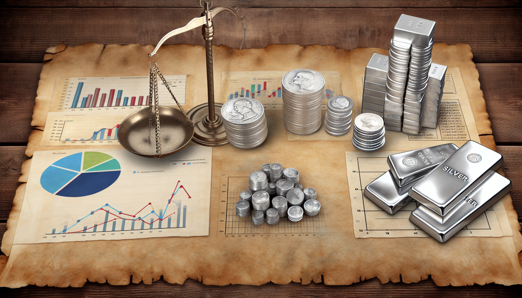 Eine visuelle Darstellung des strategischen Silberkaufs. Stell dir Folgendes vor: Ganz links eine Waage, auf der Silberbarren gewogen werden und die den Entscheidungsprozess symbolisiert. Rechts davon sind auf altem Pergament Diagramme und Grafiken zu sehen, die Marktanalyse und strategische Planung anzeigen. Ganz rechts schlie&Atilde;Ÿlich ein kleiner Berg aus Silberm&Atilde;&frac14;nzen, hoch aufget&Atilde;&frac14;rmt, der die Ergebnisse der Strategie zeigt. Der Hintergrund ist eine rustikale h&Atilde;&para;lzerne Tischplatte. Diese Szene beleuchtet die sorgf&Atilde;&curren;ltige Strategie beim Silberkauf.