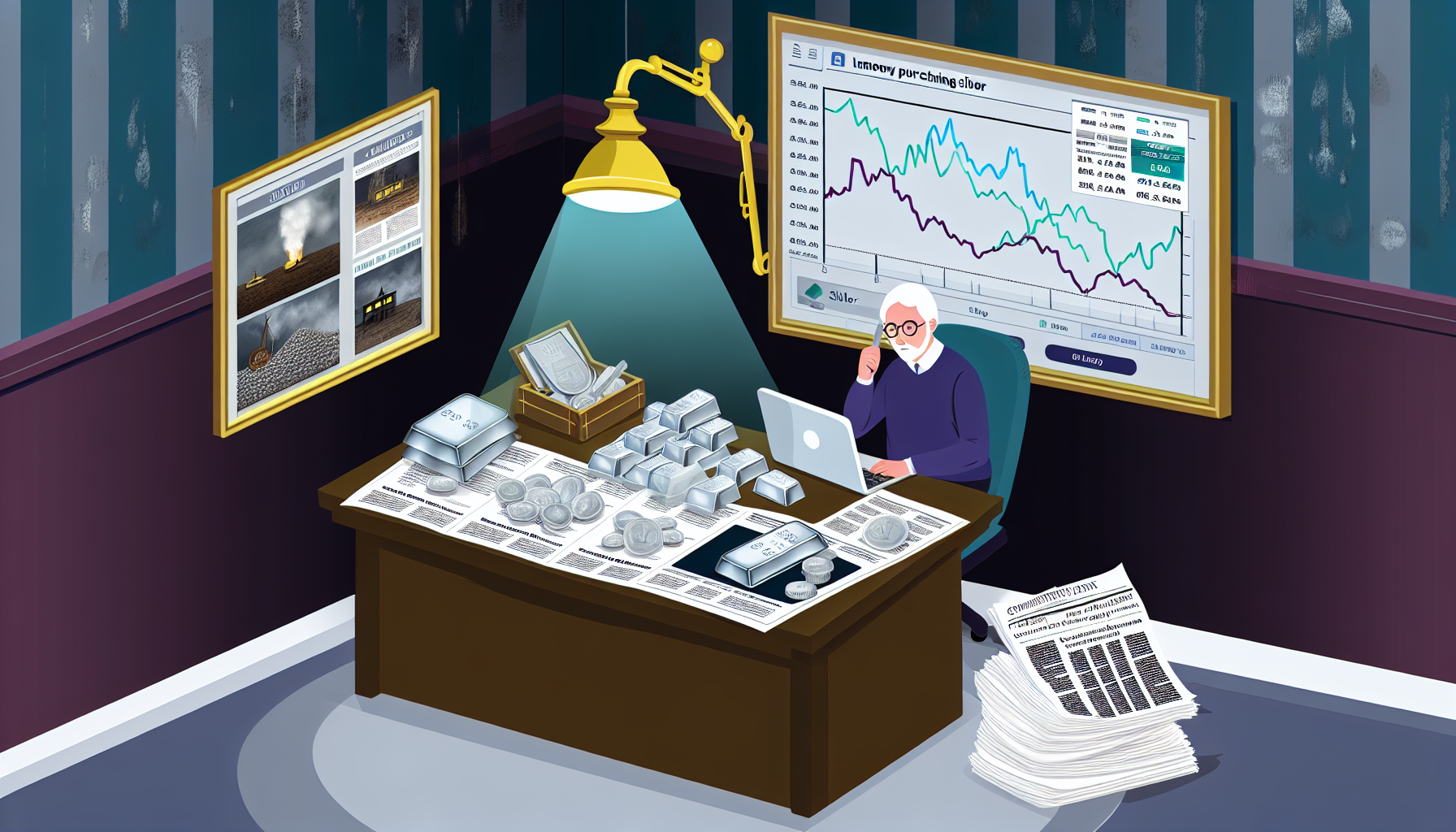 Eine Illustration eines strategischen Prozesses zum Kauf von Silber. Die Szene zeigt einen Tisch mit Finanzdiagrammen, Silberbarren und M&Atilde;&frac14;nzen. Die Person, die die Strategie ausarbeitet, ist ein wei&Atilde;Ÿer Mann mittleren Alters, der sorgf&Atilde;&curren;ltig die Markttrends auf den Diagrammen analysiert. Auf einem Laptop ist eine Website f&Atilde;&frac14;r Rohstoffhandel ge&Atilde;&para;ffnet, und daneben liegt ein Stapel Wirtschaftszeitungen mit Schlagzeilen zum Silbermarkt. Der Raum wird von einer antiken Schreibtischlampe beleuchtet, die eine stimmungsvolle Atmosph&Atilde;&curren;re schafft. An den W&Atilde;&curren;nden h&Atilde;&curren;ngen gerahmte Bilder historischer Silberminen und des Prozesses der Silbergewinnung.