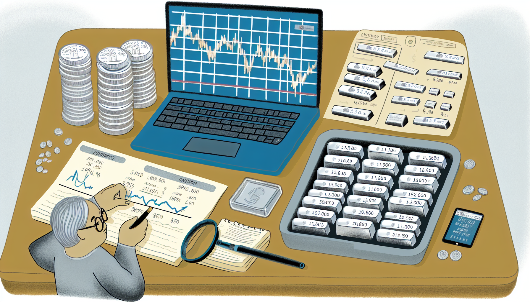 Eine Illustration eines strategischen Silberkaufprozesses. Zu sehen ist eine Person, die eine Sammlung von Silberbarren und -m&Atilde;&frac14;nzen, die auf dem Tisch ausgebreitet liegen, analysiert und dabei Messger&Atilde;&curren;te verwendet, um Gewicht und Reinheit zu &Atilde;&frac14;berpr&Atilde;&frac14;fen. Die Person benutzt einen Laptop, auf dem ein Live-Chart des Silberpreises mit Trends und Schwankungen angezeigt wird. Neben dem Laptop liegt ein Notizbuch mit handschriftlichen Notizen und Strategien. Die Person ist ein s&Atilde;&frac14;dasiatischer Mann mittleren Alters mit Brille, in Freizeitkleidung.