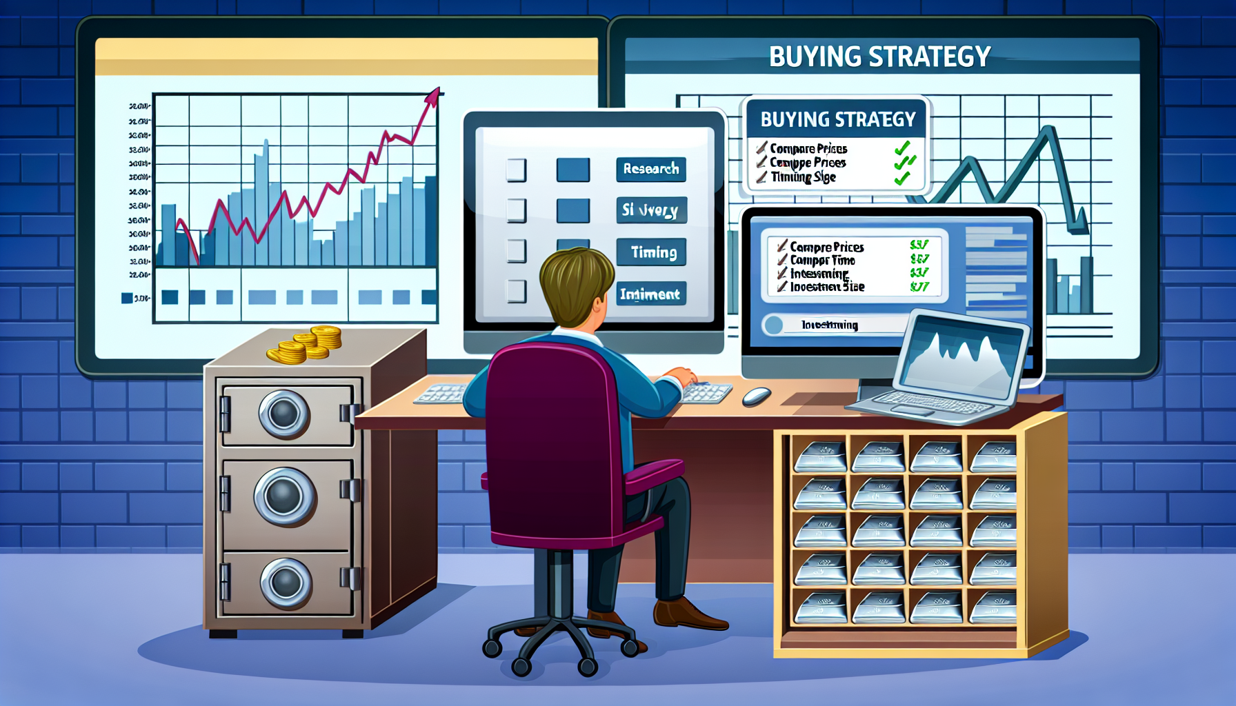 Eine Illustration einer Strategie zum Kauf von Silber. Sie zeigt eine Person, die an einem Computer sitzt, Preise recherchiert und Charts studiert, die historische Silberwerte nachverfolgen. Neben ihm befindet sich eine Checkliste mit der Überschrift „Kaufstrategie“ und Einträgen wie „Recherche“, „Preise vergleichen“, „Timing“ und „Investitionsgröße“. Daneben steht ein leicht geöffneter Tresor, der Stapel glänzender Silberbarren enthüllt. Im Hintergrund sind auf einem großen Bildschirm schwankende Börsengraphen zu sehen. Die Szene veranschaulicht den Fokus, die Strategie, die Planung und die finanzielle Kompetenz, die beim Investieren in Edelmetalle erforderlich sind.