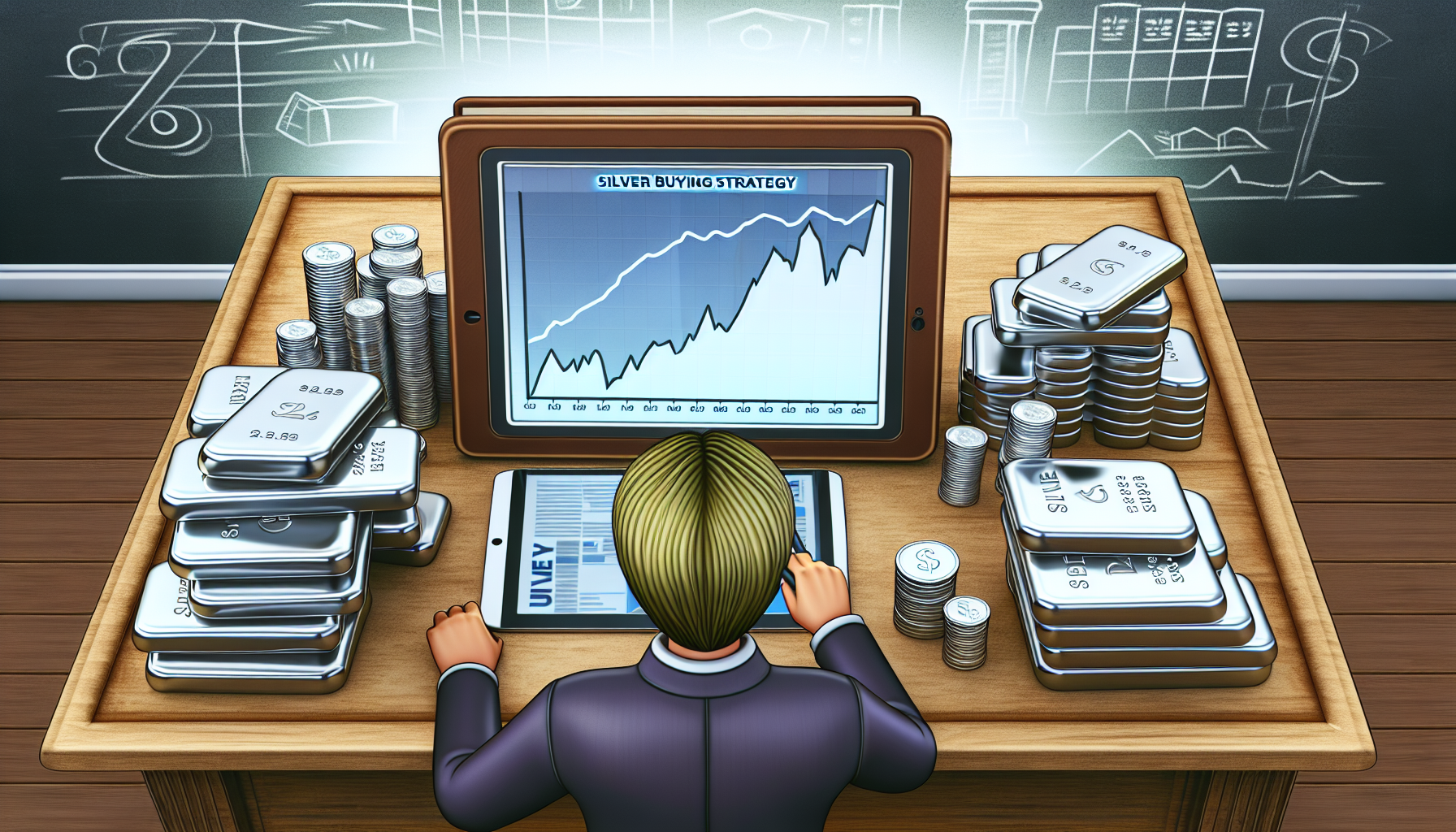Eine Illustration eines strategischen Kaufplans f&Atilde;&frac14;r Silber. Zeige eine kaukasische Person, m&Atilde;&para;glicherweise ein Investor, der einen Trend in einem Diagramm auf einem Tablet-Ger&Atilde;&curren;t analysiert, das die Marktpreisschwankungen von Silber anzeigt. Auf einem alten Holztisch in der N&Atilde;&curren;he sollten sorgf&Atilde;&curren;ltig angeordnete Stapel von Silberbarren und M&Atilde;&frac14;nzen liegen. Ein Buch mit der Aufschrift &acirc;€žSilver Buying Strategy&acirc;€œ sollte auf dem Tisch liegen. Der Raum, in dem das alles stattfindet, sollte ein Vintage-Design haben. Die Gesamtatmosph&Atilde;&curren;re sollte auf sorgf&Atilde;&curren;ltige Planung und strategische finanzielle Entscheidungen hindeuten.
