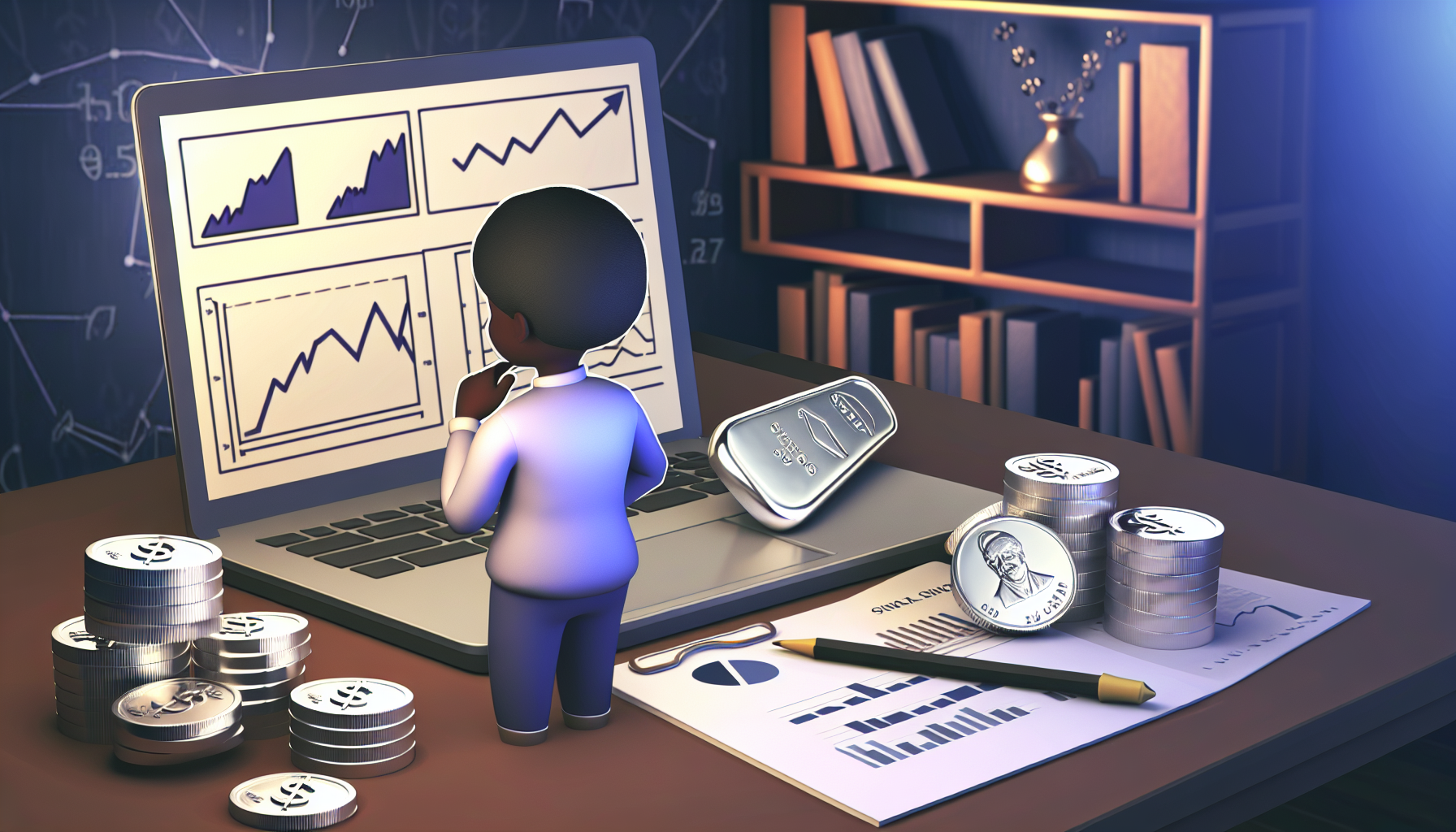 Stelle das Konzept eines strategischen Silberkaufs dar. Zeige eine Szene, in der eine Figur an einem Laptop Markttrends studiert, mit Silberbarren und -m&Atilde;&frac14;nzen, die verstreut liegen. Die Figur sollte schwarzer Abstammung sein und als m&Atilde;&curren;nnlich identifiziert werden. Auf dem Computerbildschirm sollten Grafiken und Diagramme die Silberpreise anzeigen. Die Figur k&Atilde;&para;nnte einen Notizblock zur Seite liegen haben, auf dem er seine Beobachtungen niedergeschrieben hat. F&Atilde;&frac14;ge Elemente eines gem&Atilde;&frac14;tlichen Arbeitszimmers hinzu &acirc;€” B&Atilde;&frac14;cherregale und warmes Licht, das die Szene beleuchtet.