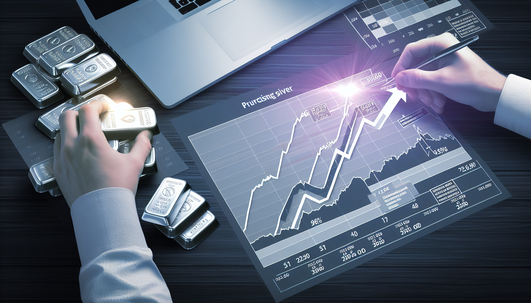 Eine Visualisierung einer Strategie zum Kauf von Silber. Sie umfasst ein detailliertes Diagramm, das die Schwankungen der Silberpreise über die Zeit zeigt, ein Paar kaukasischer Hände, die wichtige Daten und Veränderungen analysieren und markieren, und auf der anderen Seite des Bildes einen unter einem Scheinwerfer stehenden Stapel Silberbarren. Auf dem Diagramm sollen Zahlen und Pfeile den Anstieg und Fall der Preise kennzeichnen. Alles ist auf einem dunklen Holztisch arrangiert; im Hintergrund zeigt ein Laptop globale Marktentwicklungen.