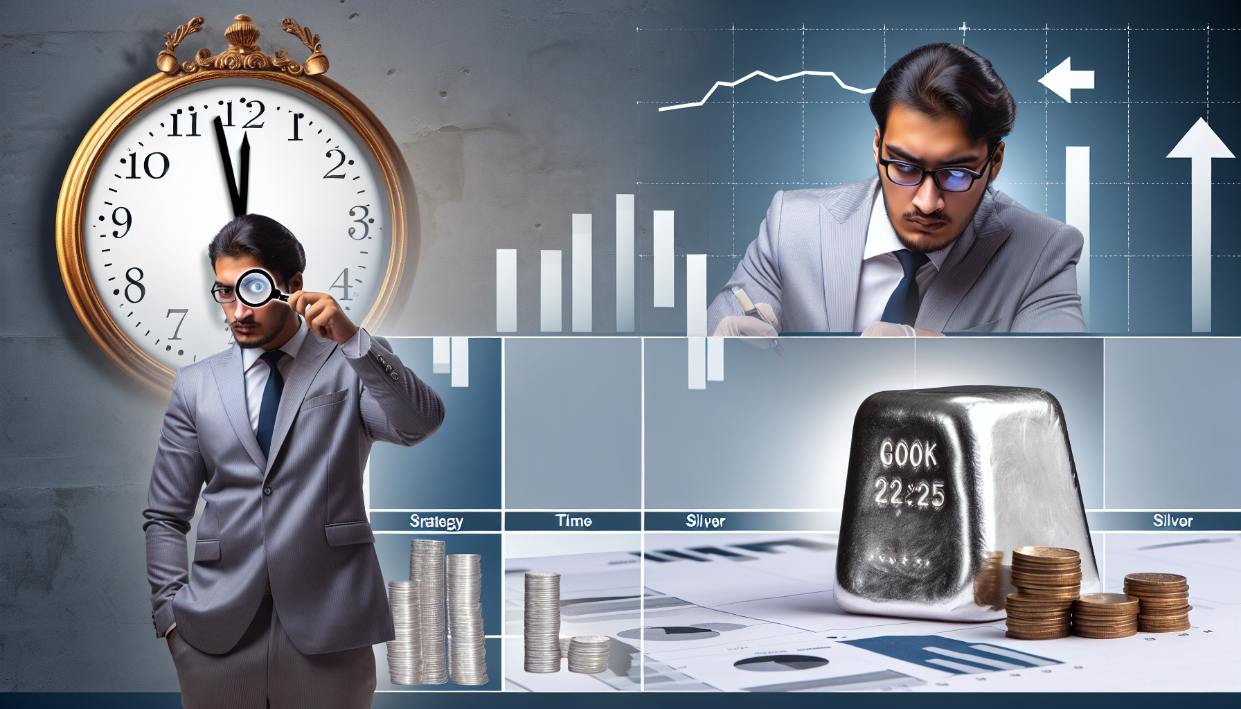 Stelle dir eine Szene einer Strategie zum Kauf von Silber vor. In dieser Strategie spielen verschiedene Faktoren eine Rolle, wie die Analyse von Markttrends, die Ber&Atilde;&frac14;cksichtigung wirtschaftlicher Indikatoren und die Bestimmung des richtigen Kaufzeitpunkts. Im Vordergrund steht ein s&Atilde;&frac14;dasiatischer Mann, der einen Silberbarren mit einer Lupe in der Hand genau untersucht. Er ist professionell gekleidet, und sein Gesichtsausdruck verr&Atilde;&curren;t sorgf&Atilde;&curren;ltige Pr&Atilde;&frac14;fung. Auf dem Tisch befindet sich eine Vintage-Uhr, die den Zeitfaktor symbolisiert, sowie Diagramme, die die Preisentwicklungen von Silber darstellen. All diese Elemente tragen dazu bei, eine strategische Vorgehensweise f&Atilde;&frac14;r den erfolgreichen Kauf von Silber zu entwickeln.