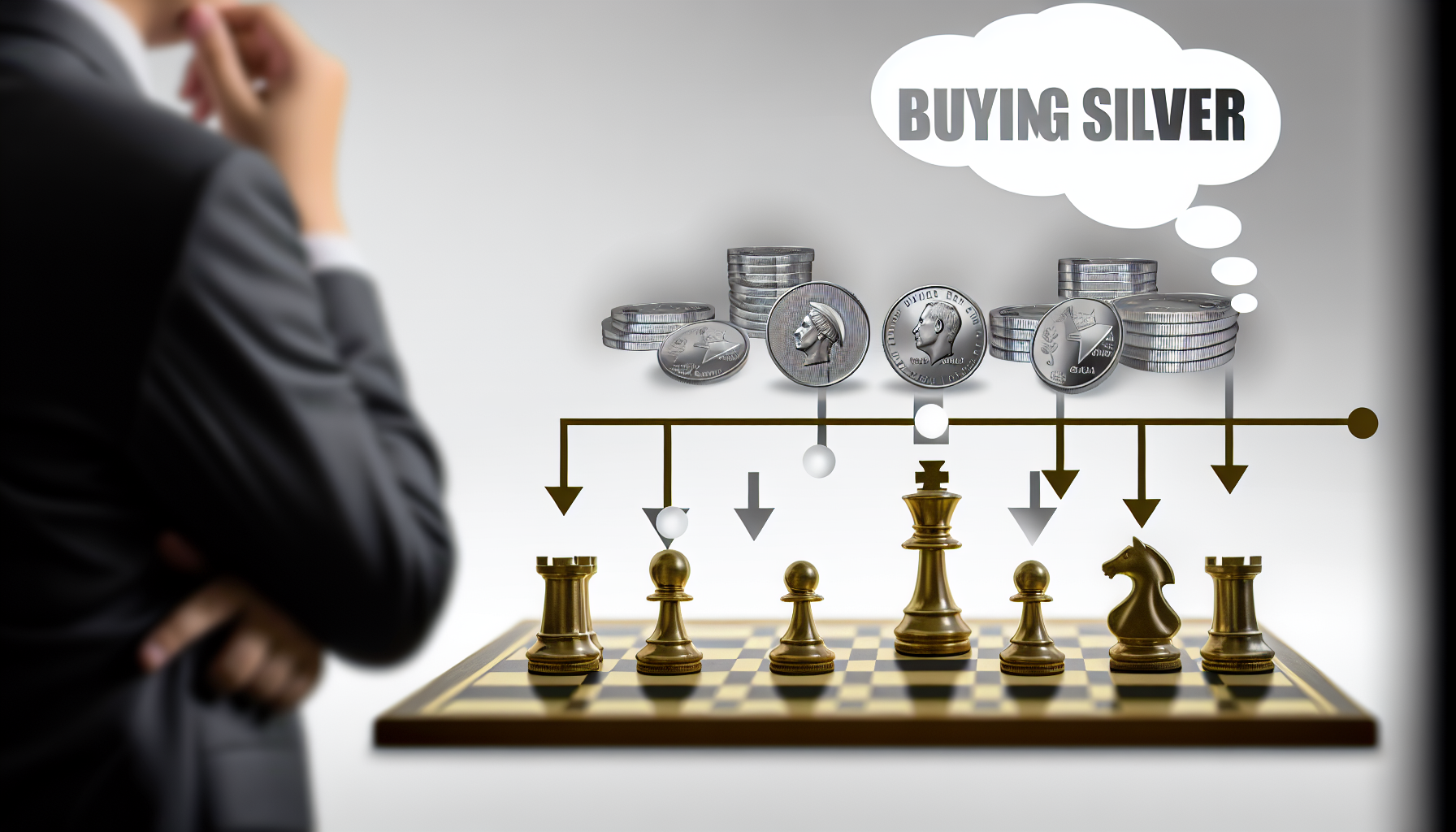 Eine visuelle Darstellung des strategischen Kaufs von Silber. Das Bild könnte ein Schachspiel auf einem silbernen Brett zeigen, dessen Schachfiguren verschiedene Anlageelemente wie Münzen, Barren und Bullion repräsentieren. An der Seite könnte ein Stratege zu sehen sein, der über den nächsten Zug nachdenkt und damit den sorgfältigen und strategischen Ansatz beim Investieren in Silber betont.